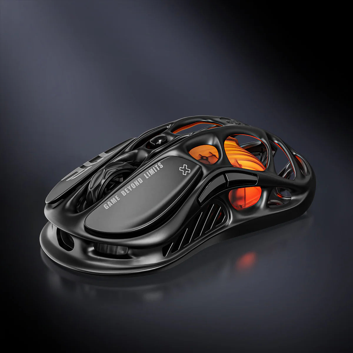 GravaStar Mercury M2 Stealth Black wireless gaming mouse featuring hollow skeletal frame design, PAW3395 26K DPI sensor, Kailh 80M micro-switches, 79g tactical layout, and customizable RGB lighting, perfect paired with Mercury K1 Stealth Black keyboard and Mars Pro Black speaker.