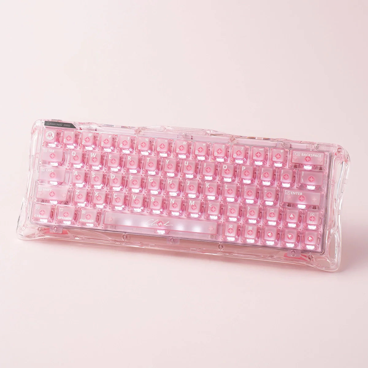 GravaStar Mercury V60 Crystal Rose 60% magnetic switch gaming keyboard front view – Featuring full-transparent rose crystal body, True 8kHz polling rate, UFO Hall Effect switches, and RGB backlighting, perfect paired with Mercury M2 Crystal Rose mouse and Mars Pro speaker.