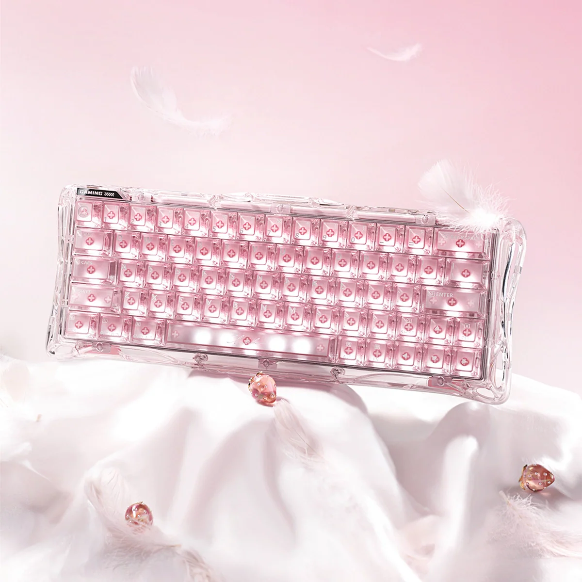 GravaStar Mercury V60 Crystal Rose 60% magnetic switch gaming keyboard top view – Featuring full-transparent rose crystal body, True 8kHz polling rate, UFO Hall Effect switches, and RGB lighting, perfect paired with Mercury M2 Crystal Rose mouse and Mars Pro speaker.