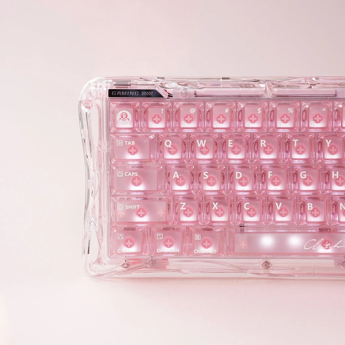 GravaStar Mercury V60 Crystal Rose 60% magnetic gaming keyboard macro view – Highlighting full-transparent rose crystal chassis, UFO Hall Effect switches, 0.125ms latency, and RGB backlighting, perfect paired with Mercury M2 Crystal Rose mouse and Mars Pro speaker.