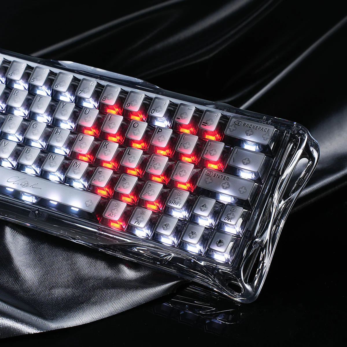GravaStar Mercury V60 Onyx Crystal 60% transparent magnetic gaming keyboard macro view – Highlighting dual-zone red and white dynamic RGB lighting, transparent PC keycaps, and premium Onyx Crystal chassis reflection.
