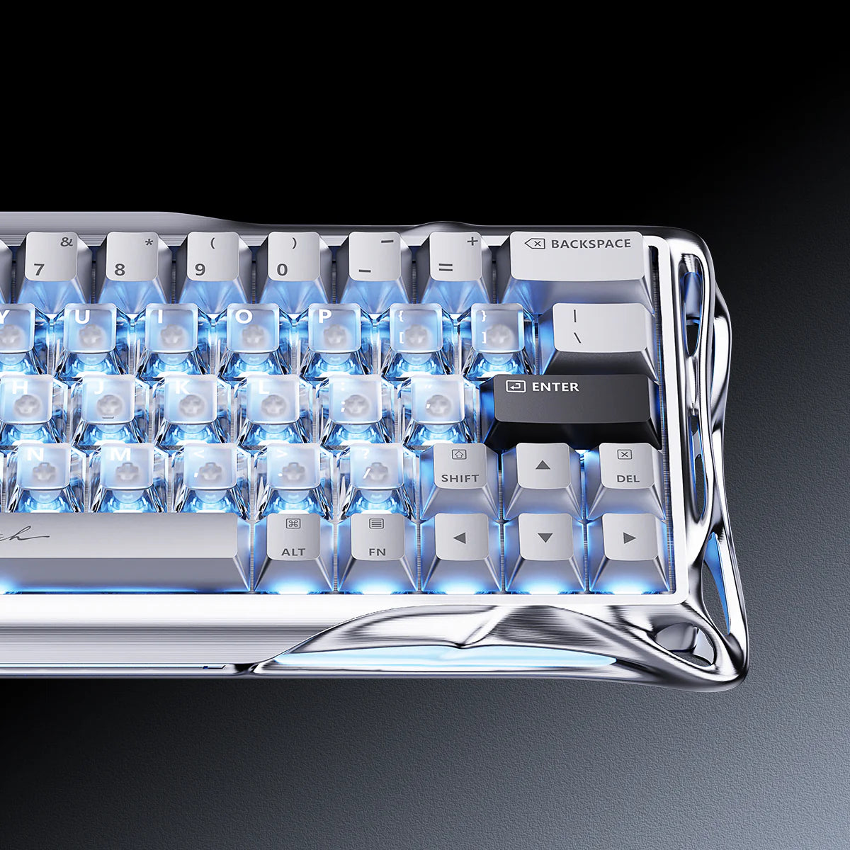GravaStar Mercury V60 Pro Deluxe Edition – Dual Keycap Gift Box Set - Close-up of the Chrome Silver edition key cluster featuring transparent magnetic switches with ice blue RGB lighting, True 8kHz polling rate, and 0.125ms latency for FPS esports.