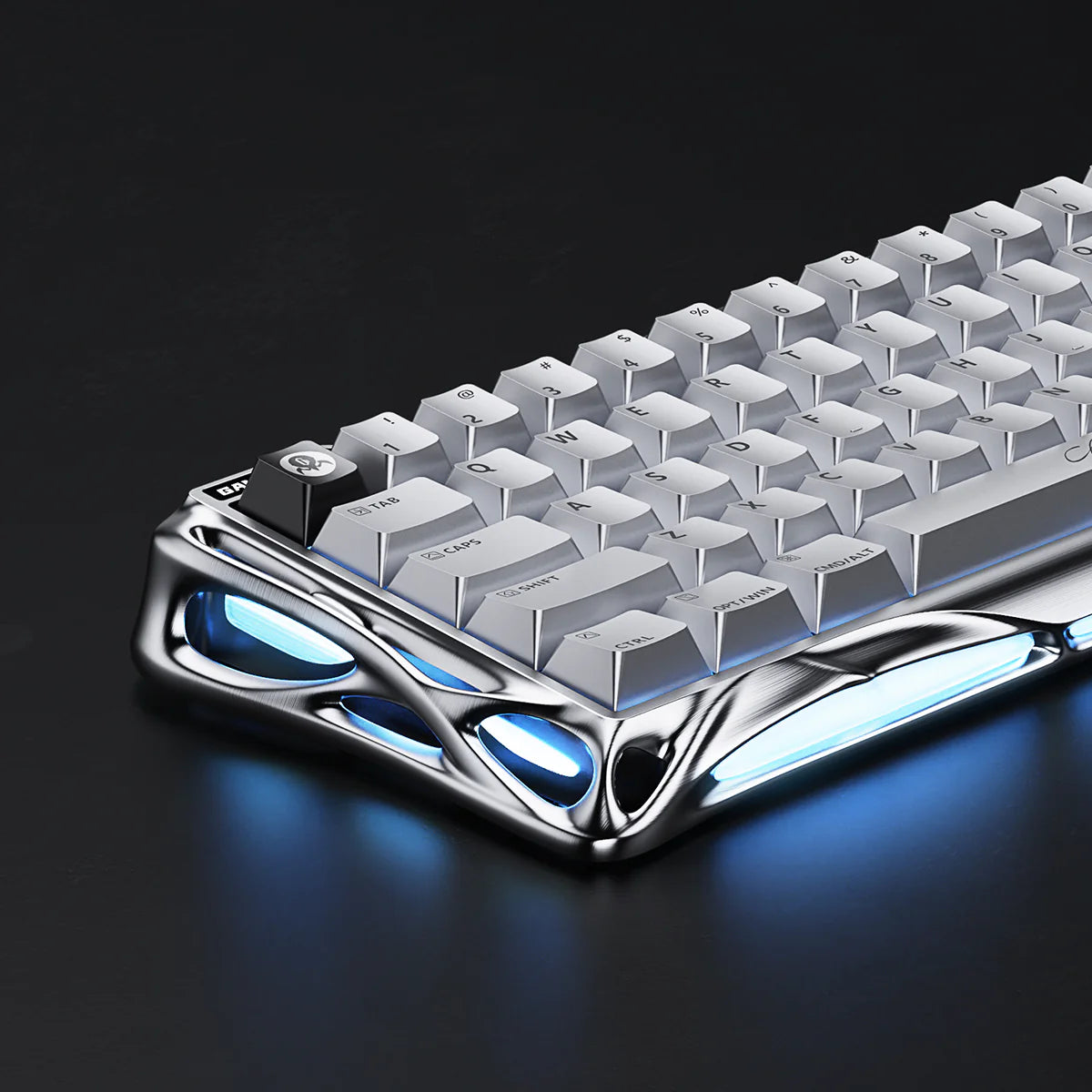 GravaStar Mercury V60 Pro Deluxe Edition – Dual Keycap Gift Box Set - Close-up side profile of the Chrome Silver edition highlighting the hollowed-out futuristic frame and ice blue dual-zone ambient RGB lighting with 0.125ms latency performance.