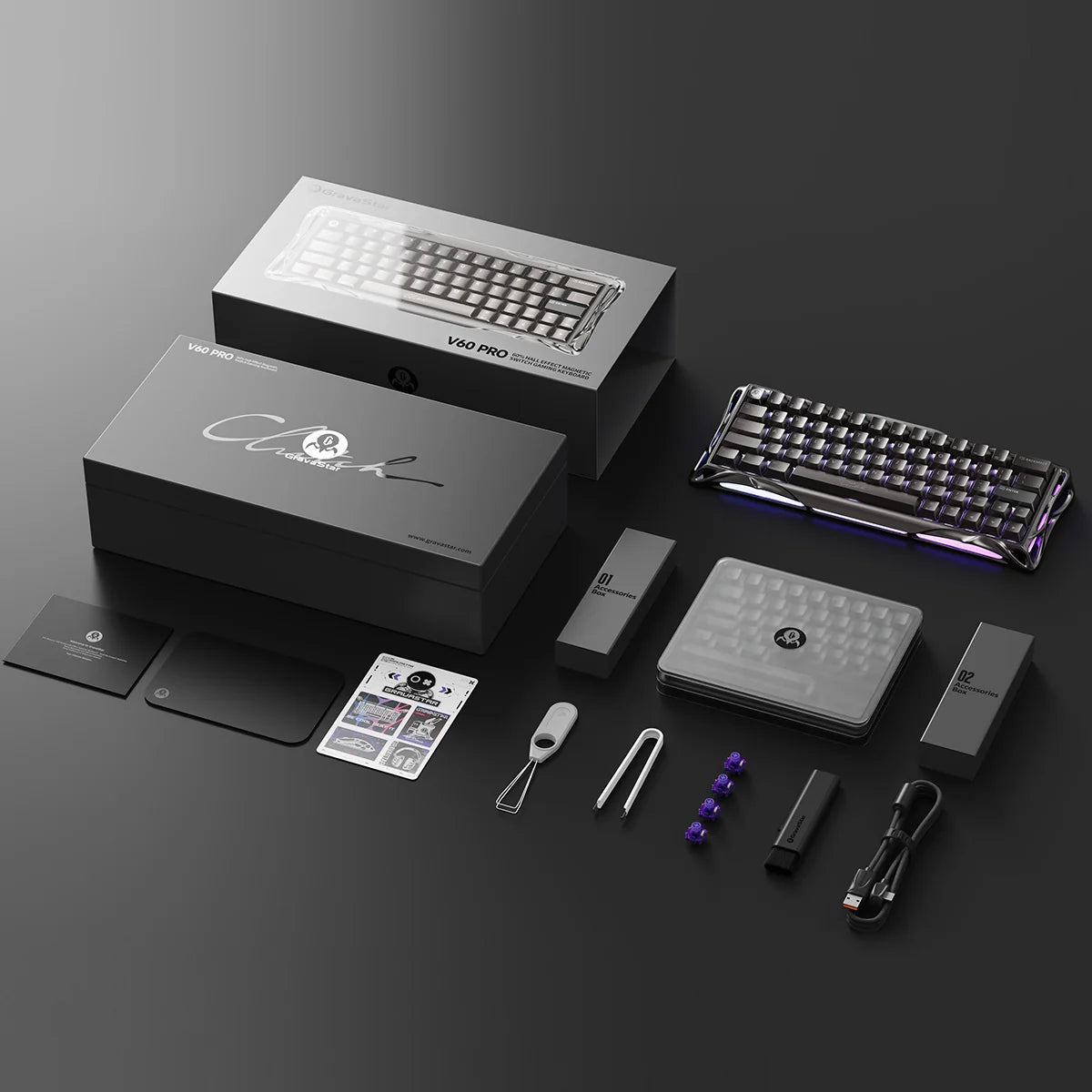GravaStar Mercury V60 Pro Deluxe Edition – Dual Keycap Gift Box Set - Complete flat lay showcasing the 8kHz magnetic gaming keyboard, premium gift box, extra frosted PC keycaps set, braided cable, custom tools, and extra switches for FPS esports.