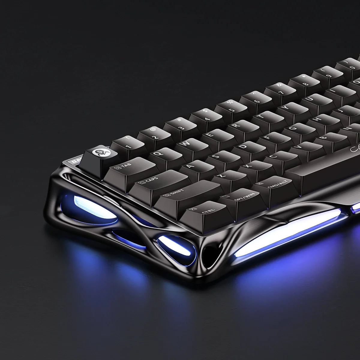 GravaStar Mercury V60 Pro Deluxe Edition – Dual Keycap Gift Box Set - Close-up of the GunMetal edition left key cluster and ambient side light featuring blue RGB illumination, metallic chassis finish, True 8kHz polling rate, and 0.125ms latency for FPS esports