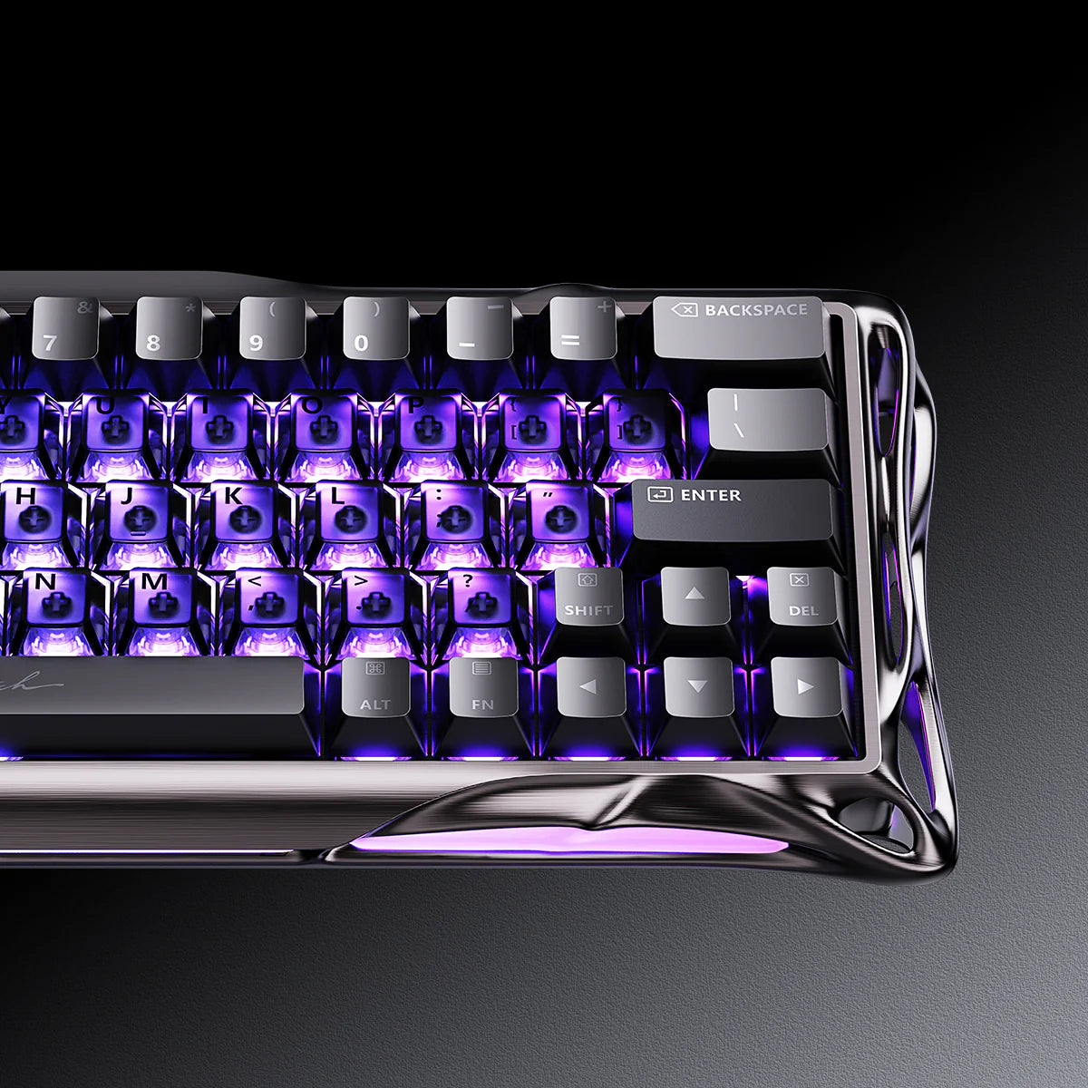 GravaStar Mercury V60 Pro Deluxe Edition – Dual Keycap Gift Box Set - Close-up view of the right key cluster featuring purple RGB backlighting, metallic chassis finish, True 8kHz polling rate, and 0.125ms latency for FPS esports.