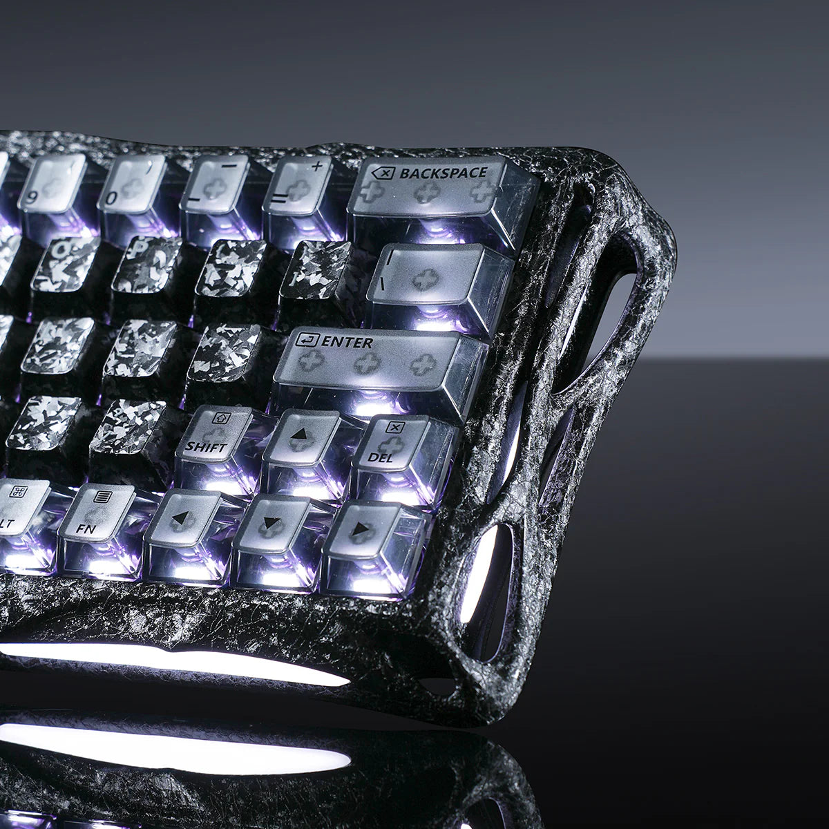 GravaStar Mercury V60 Pro Special Edition Cyber Frost Black â Close-up of right key cluster featuring purple RGB backlighting, tactical carbon texture aluminum chassis, True 8kHz polling rate, 0.125ms latency, UFO magnetic switches for FPS esports.