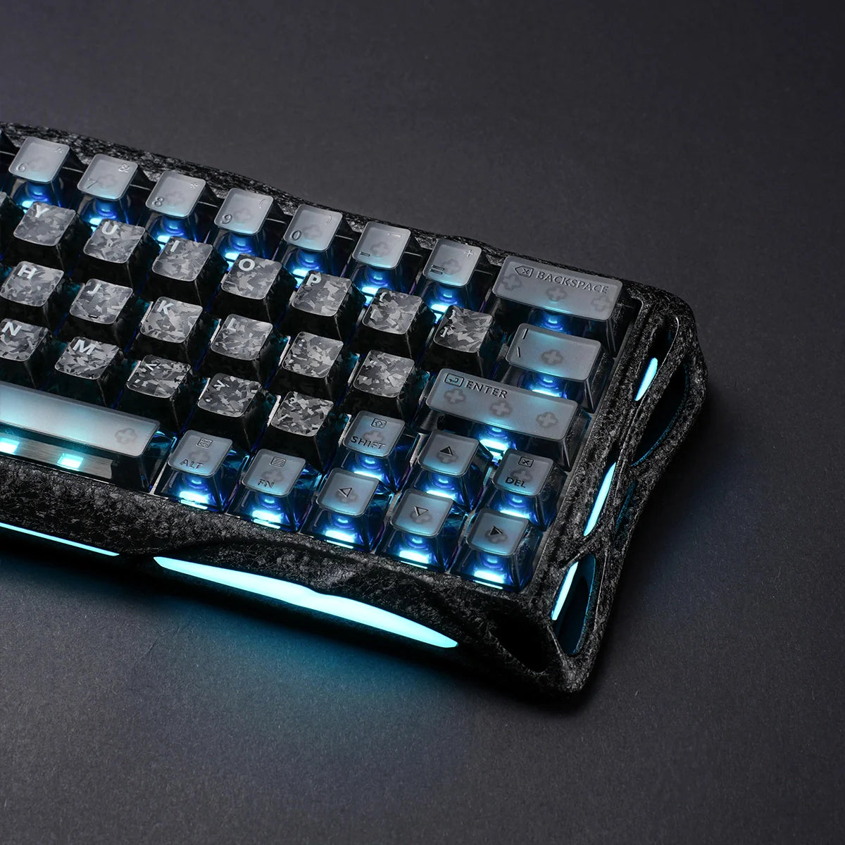 GravaStar Mercury V60 Pro Special Edition Cyber Frost Black - Close-up view of the right key cluster featuring ice blue RGB backlighting, frosted translucent keycaps, True 8kHz polling rate, and 0.125ms latency for FPS esports.