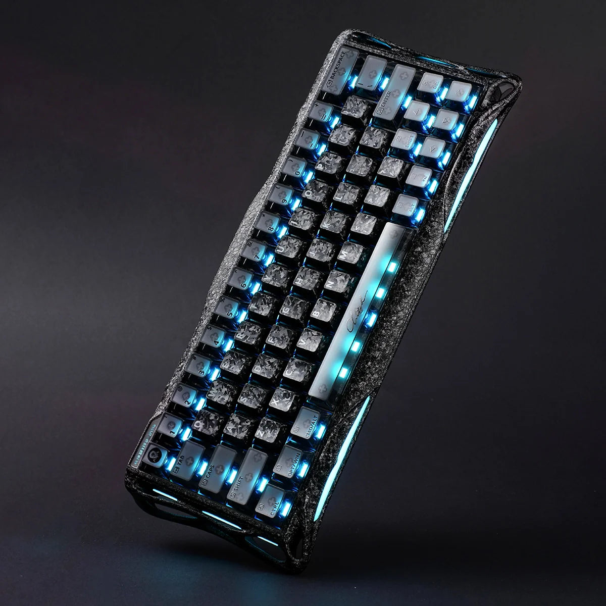 GravaStar Mercury V60 Pro Special Edition Cyber Frost Black - Angled standing view of the 60% compact aluminum gaming keyboard featuring ice blue RGB backlighting, True 8kHz polling rate, UFO magnetic switches, and 0.125ms latency for FPS esports.