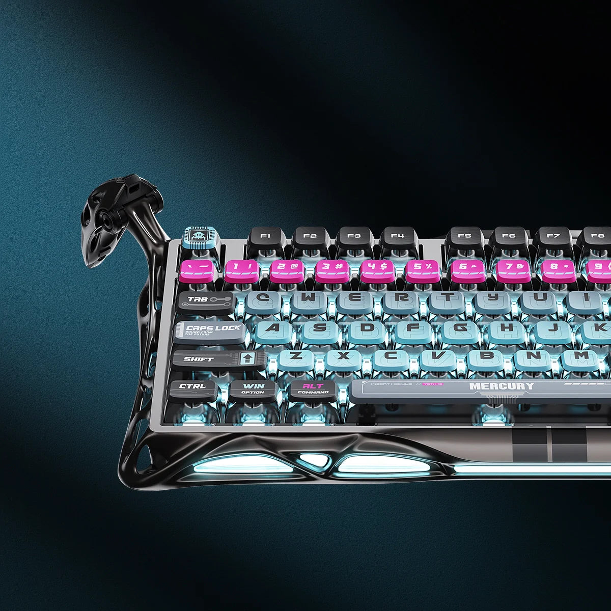 GravaStar Mercury V75 Pro Cyberpunk Edition 75% gaming keyboard – Macro view featuring hot pink and ice blue translucent keycaps, gunmetal skeleton chassis, South-facing RGB backlighting, and GravaStar x Gateron Magnetic Jade switches.