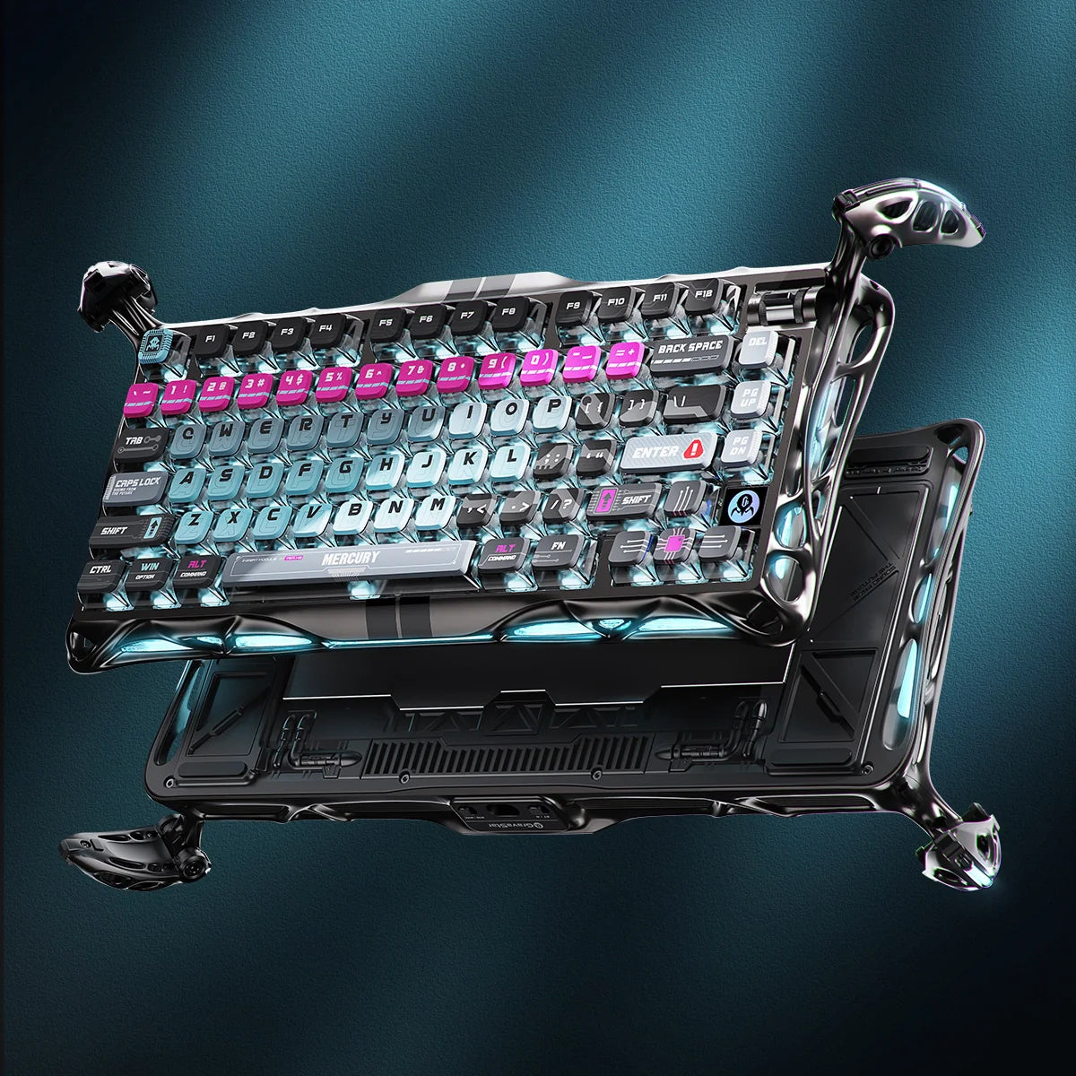 GravaStar Mercury V75 Pro Cyberpunk Edition 75% gaming keyboard exploded view – Demonstrating gunmetal skeleton aluminum chassis layers, gasket mount structure, 5-layer acoustic foam, translucent cyber keycaps, and GravaStar x Gateron Magnetic Jade switches.