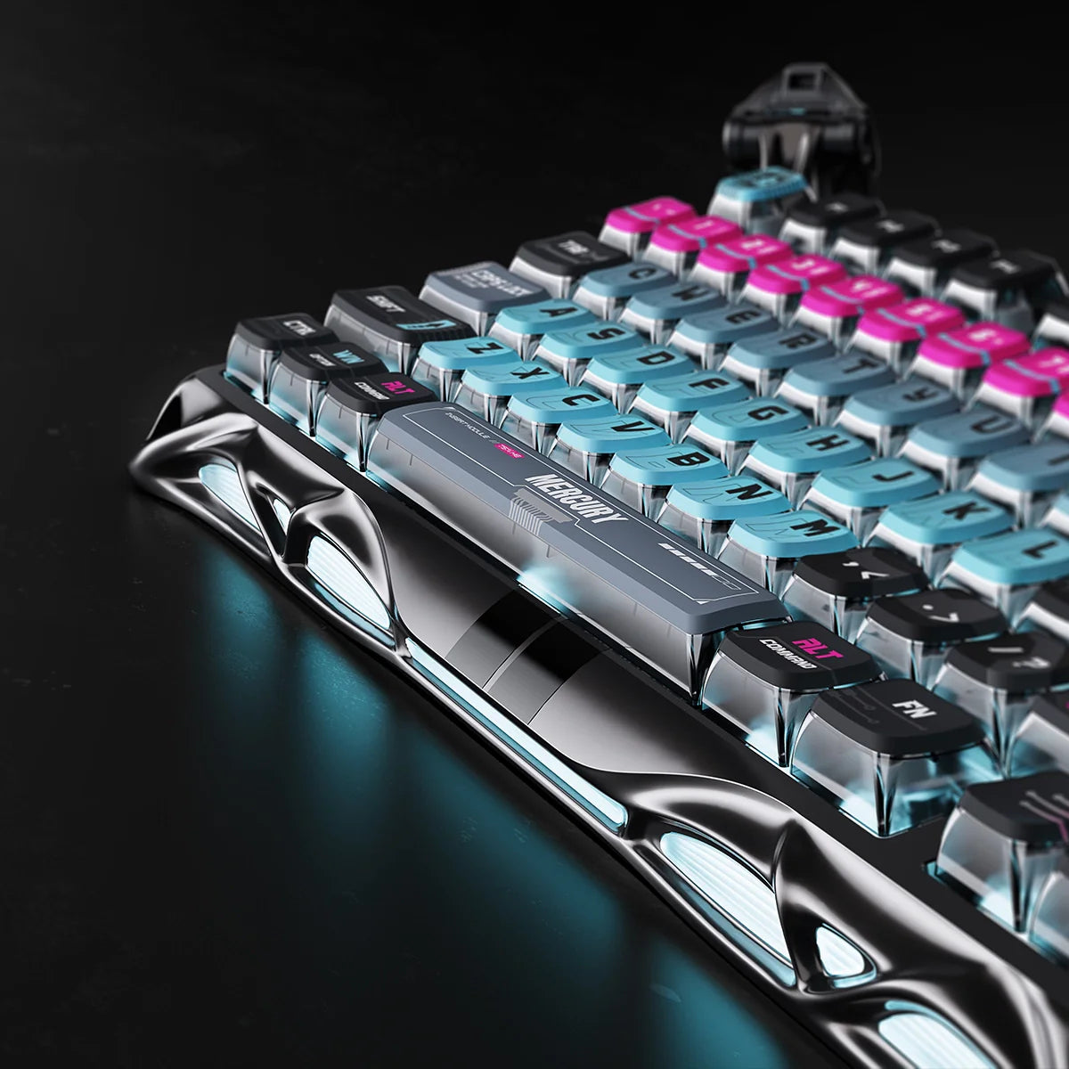GravaStar Mercury V75 Pro Cyberpunk Edition 75% gaming keyboard macro close-up – Showcasing polished gunmetal aluminum frame, translucent cyber keycaps, custom MERCURY spacebar, and GravaStar x Gateron Magnetic Jade switches.