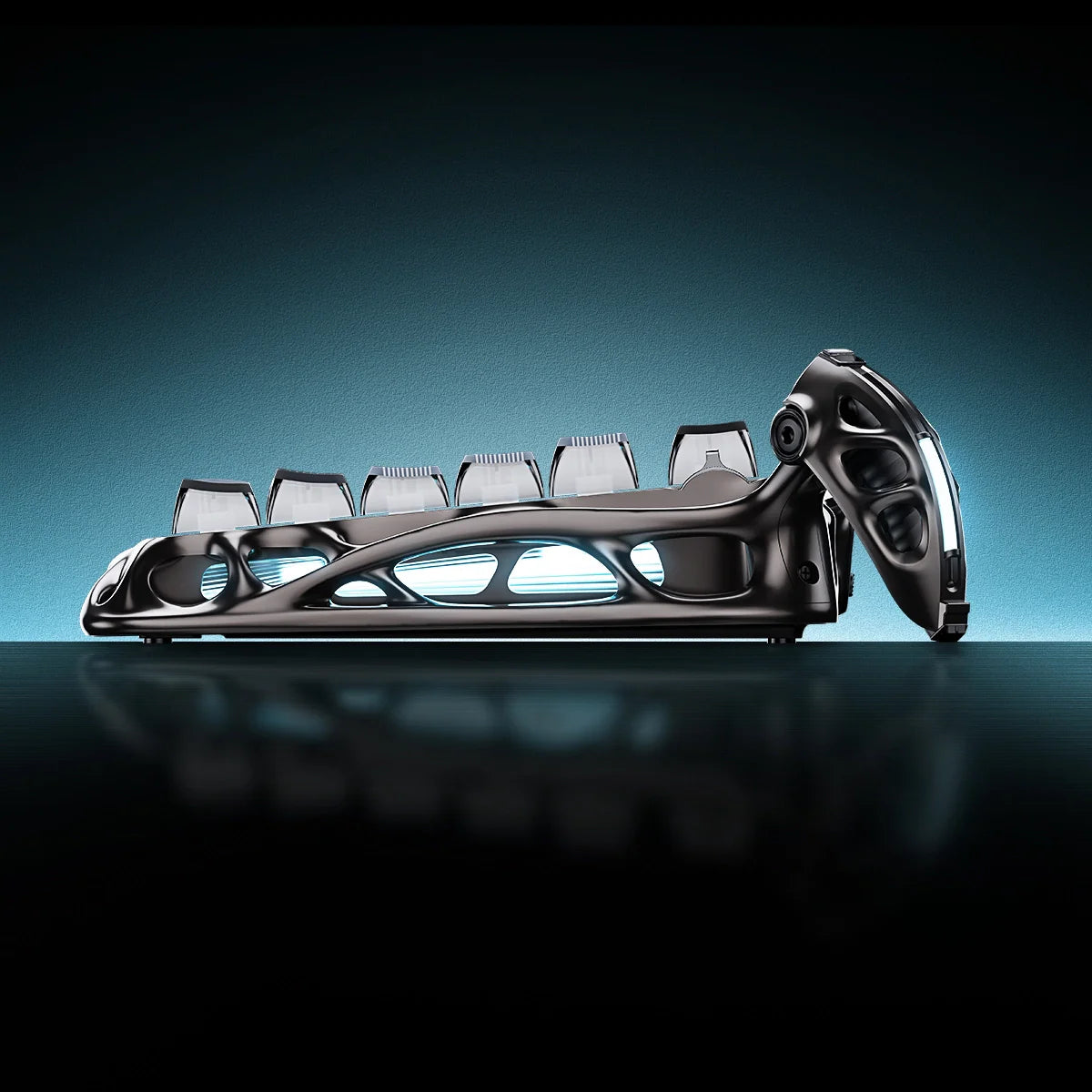 GravaStar Mercury V75 Pro Cyberpunk Edition 75% gaming keyboard side view – Showcasing gunmetal skeletonized aluminum chassis profile, ergonomic tilt angle, gasket-mount acoustic structure, and GravaStar x Gateron Magnetic Jade switches.