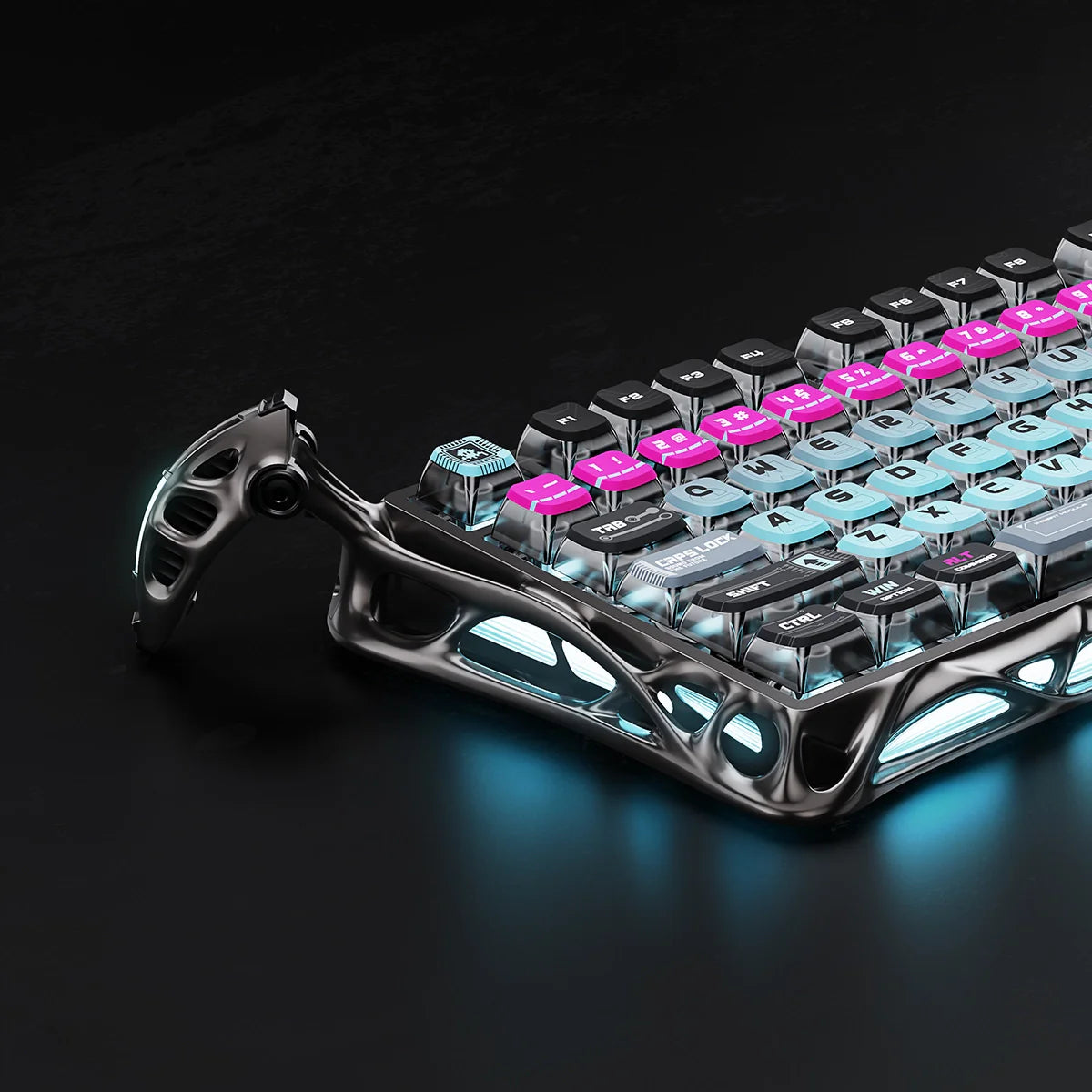 GravaStar Mercury V75 Pro Cyberpunk Edition 75% gaming keyboard close-up – Highlighting gunmetal skeleton chassis, customizable ambient side lights, cyan and pink neon keycaps, and GravaStar x Gateron Magnetic Jade switches.