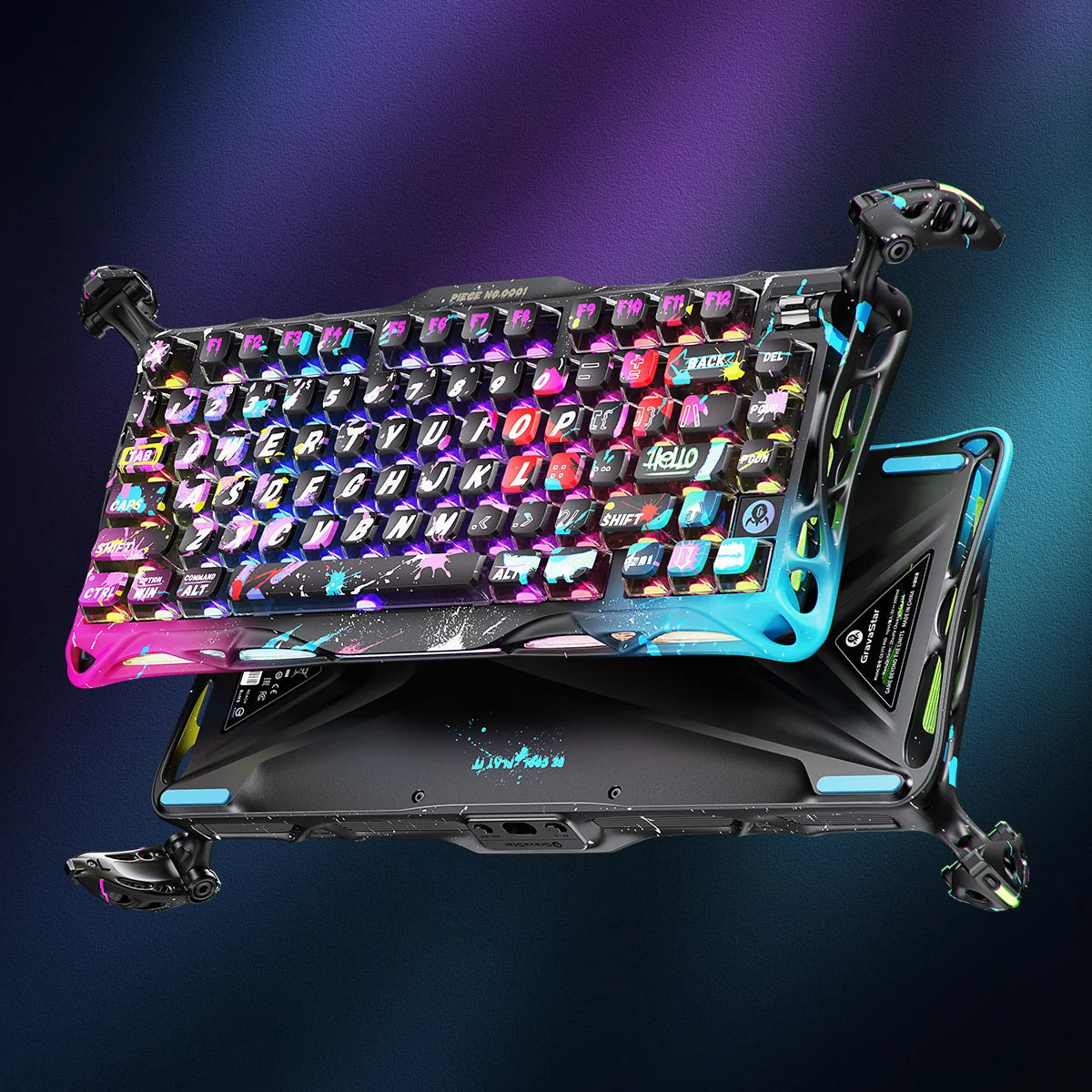 GravaStar Mercury V75 Pro Special Edition Neon Graffiti 75% gaming keyboard – Featuring GravaStar UFO Hall Effect magnetic switches, True 8kHz polling rate, aluminum construction, and South-facing RGB lighting, displayed with a GravaStar Keyboard Wrist Rest Pad and gasket mount.