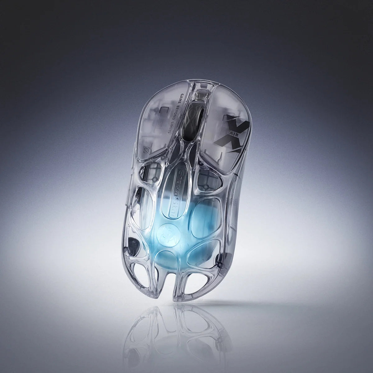 GravaStar Mercury X Air 8KHz Onyx Crystal transparent wireless gaming mouse top vertical view featuring 56g ultralight open-frame skeletal structure, PixArt PAW 3950 32K DPI sensor, 8000Hz polling rate support, and ice blue RGB lighting, perfect paired with Mercury V60 Onyx Crystal keyboard and Mars Pro speaker.