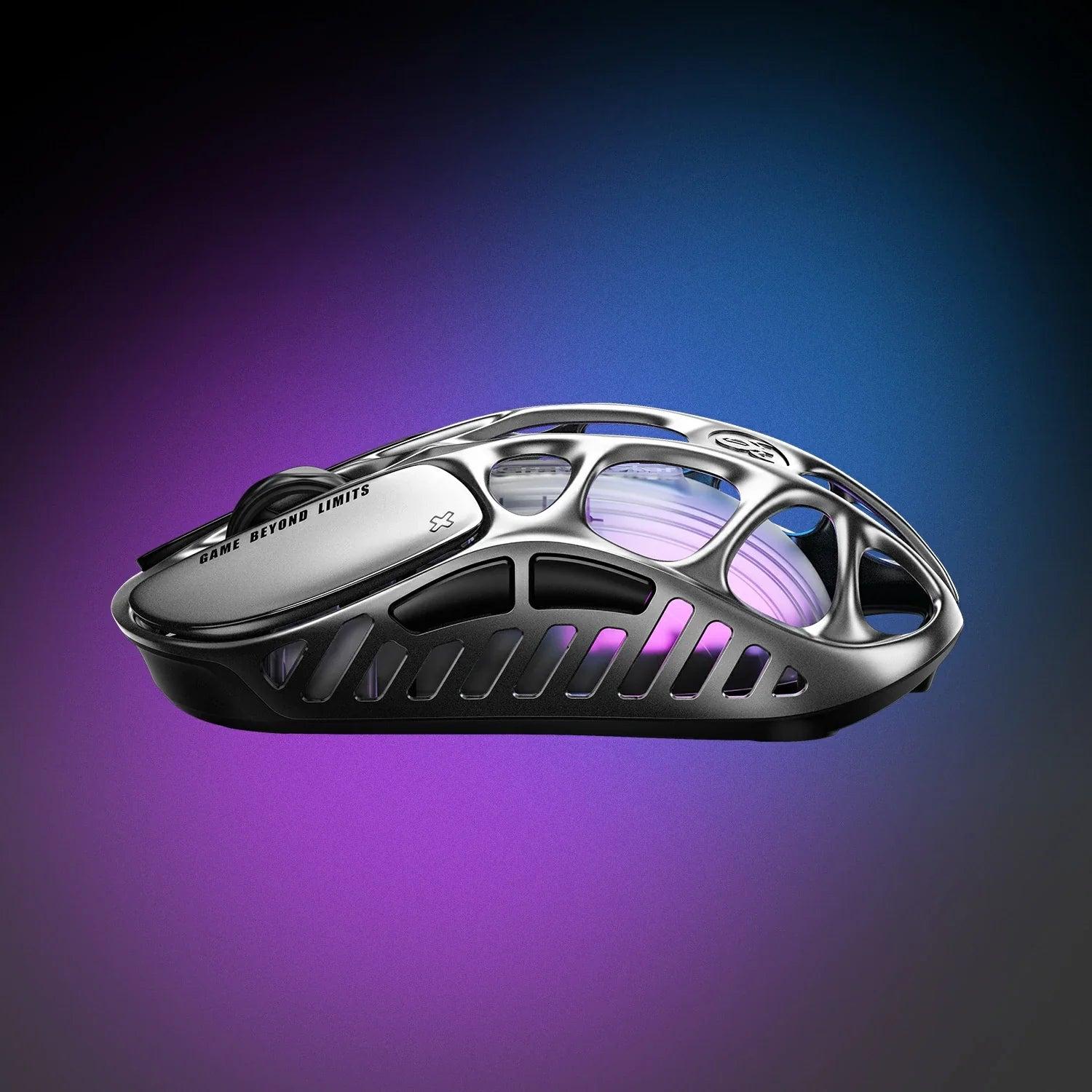 GravaStar Mercury X Pro 8KHz Wireless Gaming Mouse in Galaxy Black right profile view with surface reflection featuring 49g ultra-lightweight magnesium alloy skeleton, PAW 3950 32K DPI sensor, native 8000Hz polling rate, and purple RGB lighting, perfect paired with Mercury K98 Pro keyboard and Mars Pro Black speaker.
