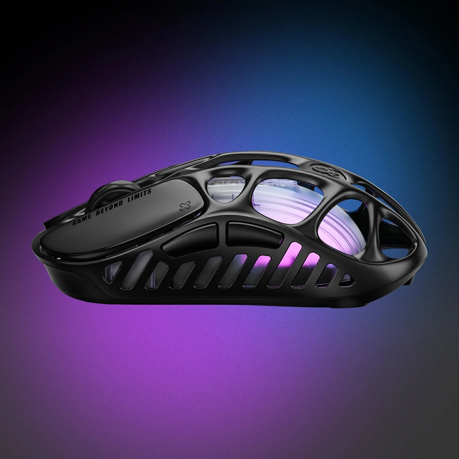 GravaStar Mercury X Pro 8KHz Wireless Gaming Mouse in Galaxy Black side profile view featuring 49g ultra-lightweight magnesium alloy skeleton, PAW 3950 32K DPI sensor, native 8000Hz polling rate, and purple RGB lighting, perfect paired with Mercury K98 Pro keyboard and Mars Pro Black speaker.