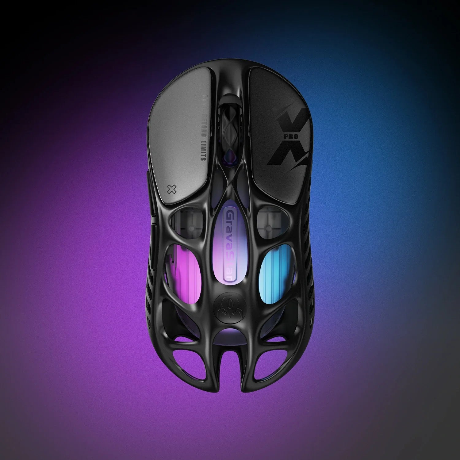 GravaStar Mercury X Pro 8KHz Wireless Gaming Mouse in Galaxy Black top vertical view featuring 49g ultra-lightweight magnesium alloy skeleton, PAW 3950 32K DPI sensor, native 8000Hz polling rate, and purple RGB lighting, perfect paired with Mercury K98 Pro keyboard and Mars Pro Black speaker.