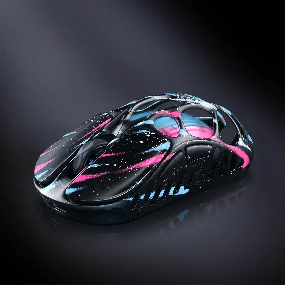 GravaStar Mercury X Pro Special Edition Neon Graffiti magnesium alloy wireless gaming mouse top macro view – Highlighting neon splatter artwork, PAW 3950 32K DPI sensor, 8000Hz polling rate, 49g ultra-lightweight design, and ambient RGB lighting, perfect paired with Mercury K1 Pro Neon Graffiti keyboard and Mars Pro speaker.