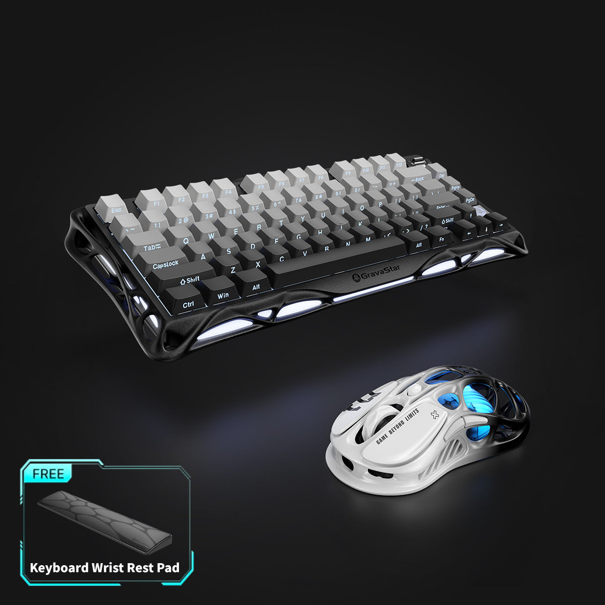 GravaStar Pro Gaming Set Gradient Black studio full bundle view featuring Mercury K1 keyboard with gradient black skeletal frame, Mercury M1 Pro 4K magnesium alloy gaming mouse, and free bonus keyboard wrist rest pad, perfect paired with GravaStar Gaming Mouse Pad black deskmat and Mars Pro Black speaker.
