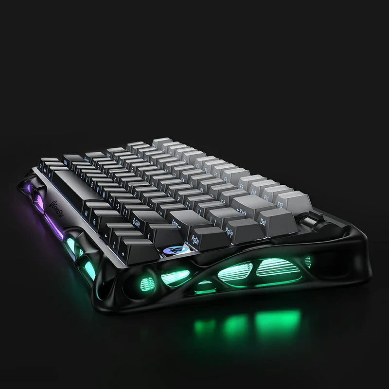 GravaStar Pro Gaming Set Gradient Black studio Mercury K1 keyboard skeletal backlight view featuring gradient black aluminum frame, Kailh linear switches, gradient shine-through keycaps, and emerald green RGB backlighting, perfect paired with Mercury M1 Pro 4K mouse and Mars Pro Black speaker.