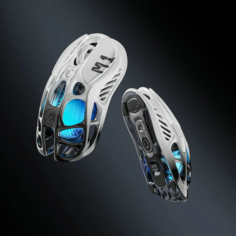 GravaStar Pro Gaming Set Gradient White studio Mercury M1 Pro 4K gaming mouse dual skeletal chassis view showing top frame and bottom PAW 3395 sensor layout, 4000Hz polling rate ready, and ice blue RGB backlighting, perfect paired with Mercury K1 keyboard and GravaStar Gaming Mouse Pad white deskmat.