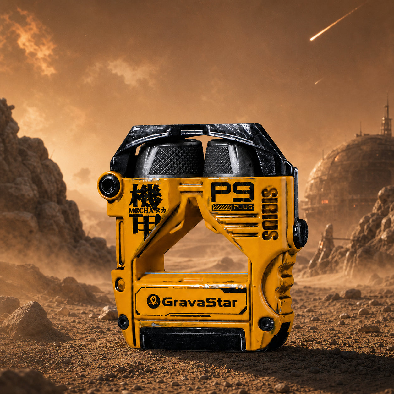 GravaStar Sirius Plus Special Edition War-Damaged Yellow handcrafted wireless ANC earbuds charging case desert battleground view featuring authentic weathered yellow finish, zinc aluminium alloy mecha frame, 10mm dynamic drivers, hybrid ANC, and RGB lighting, perfect paired with Mercury X Pro Yellow mouse and Mercury K1 Pro Yellow keyboard.