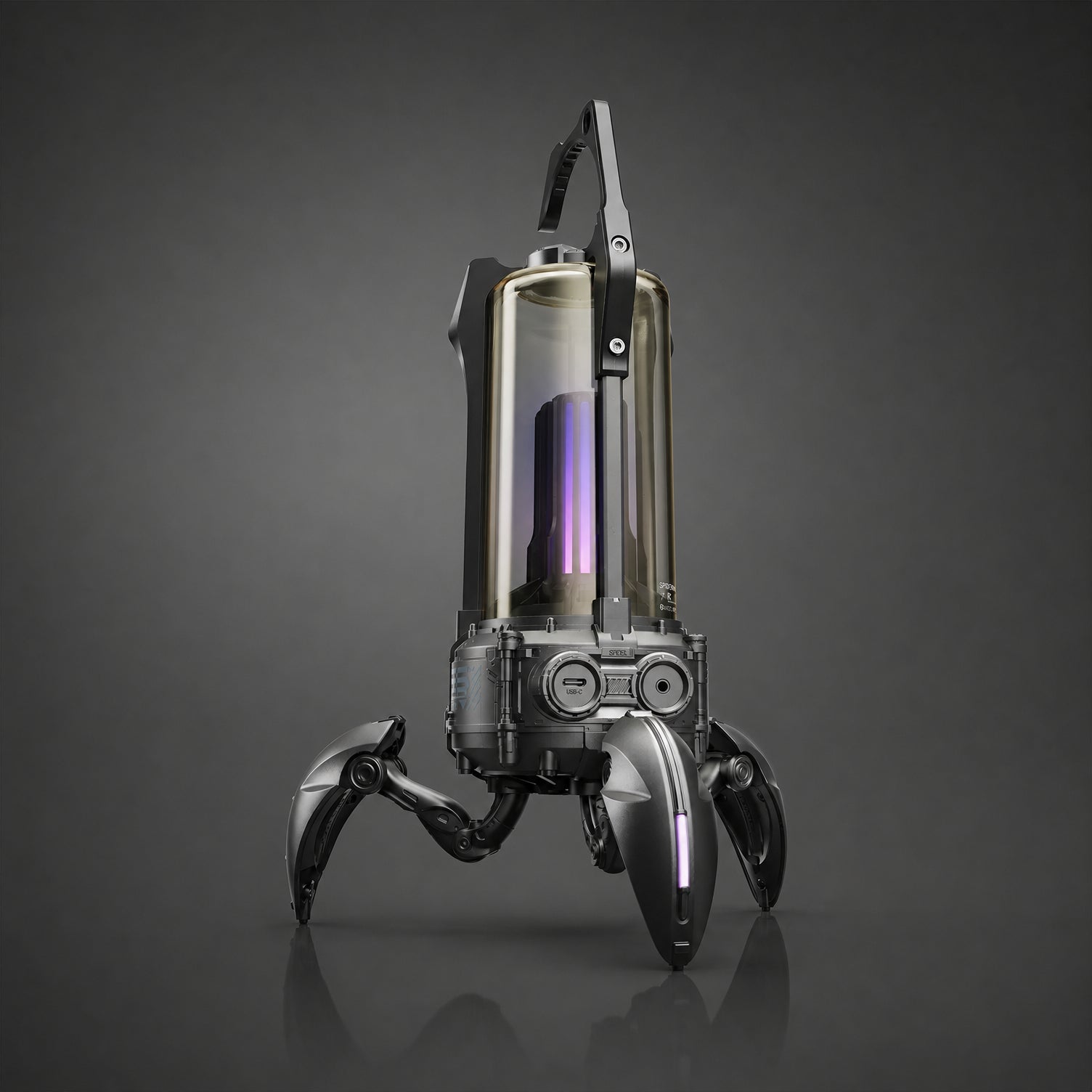 GravaStar Supernova Matt Black mecha-lantern Bluetooth speaker full front view featuring 25W dual-driver sound system, 3" woofer, 0.5" tweeter, zinc alloy frame, foldable tripod stand, carry handle, and vibrant RGB lighting, perfect paired with Mercury X Air Onyx Crystal mouse and Mercury V60 keyboard.