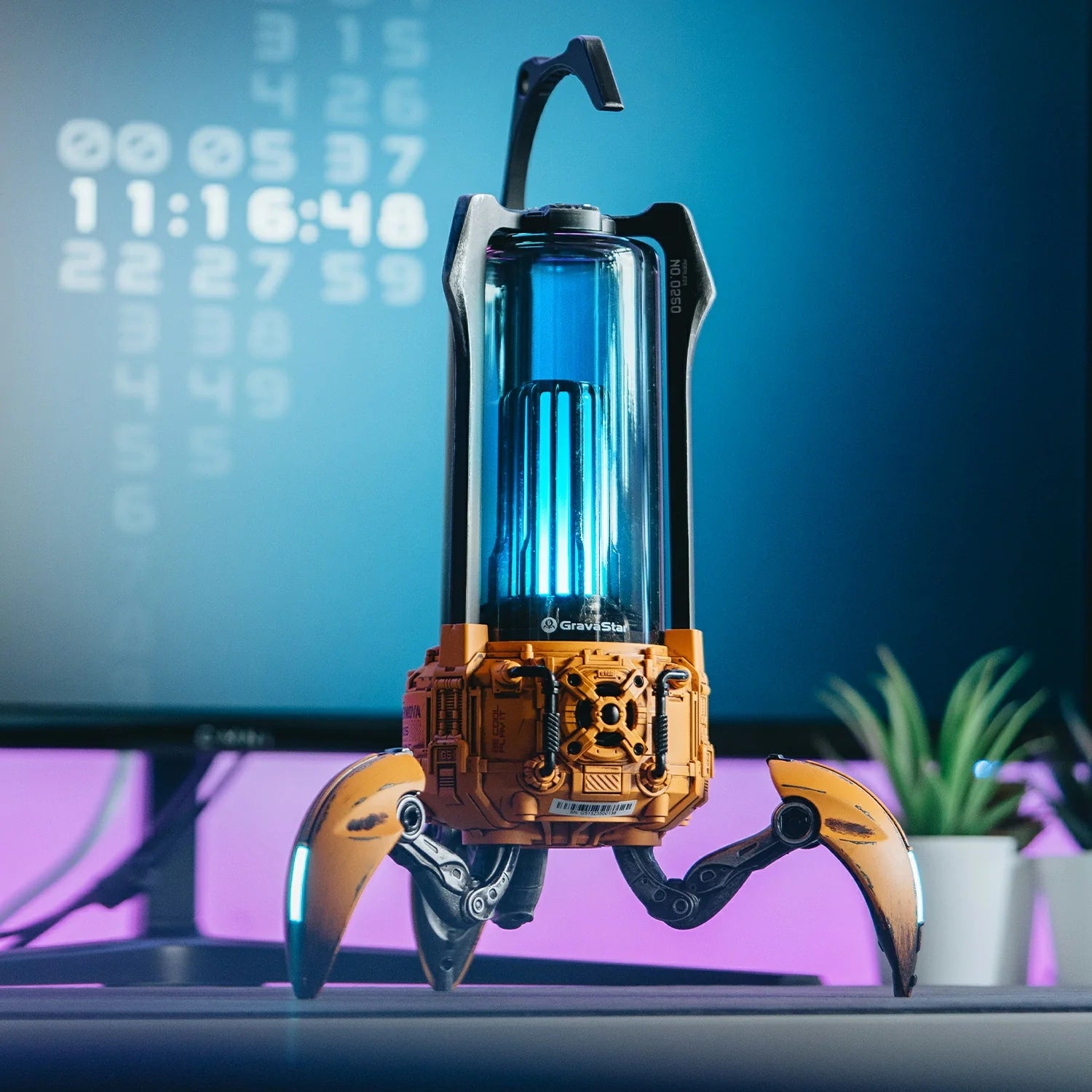 GravaStar Supernova War Damaged Yellow handcrafted mecha-lantern Bluetooth speaker desktop front view featuring 25W dual-driver sound system, 3" woofer, 0.5" tweeter, zinc alloy frame, foldable tripod stand, carry handle, and vibrant RGB lighting, perfect paired with Mercury X Pro Yellow mouse and Mercury K1 Pro Yellow keyboard.