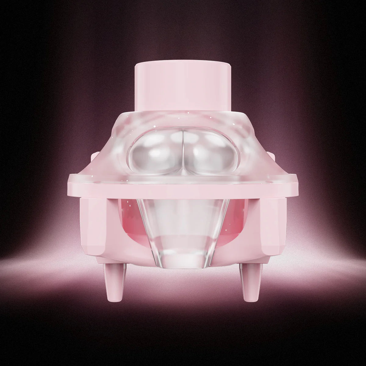 GravaStar UFO Buttiful Magnetic Switch Pink studio front bottom structure view featuring 5-pin PCB mount, translucent pink housing, and Hall Effect contactless magnetic sensing technology, perfect paired with Mercury V60 Crystal Rose keyboard and Mercury M1 Pro Sakura Pink gaming mouse.