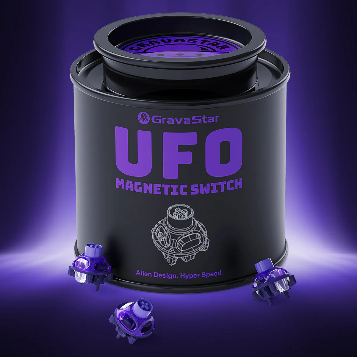 GravaStar UFO Magnetic Switch Purple studio 65pcs tactical jar pack view featuring premium black metal storage jar, Hall Effect contactless magnetic technology, and RT 0.005mm precision Rapid Trigger performance, perfect paired with Mercury V75 Pro Cyberpunk magnetic keyboard and Mercury X Pro 8KHz gaming mouse.