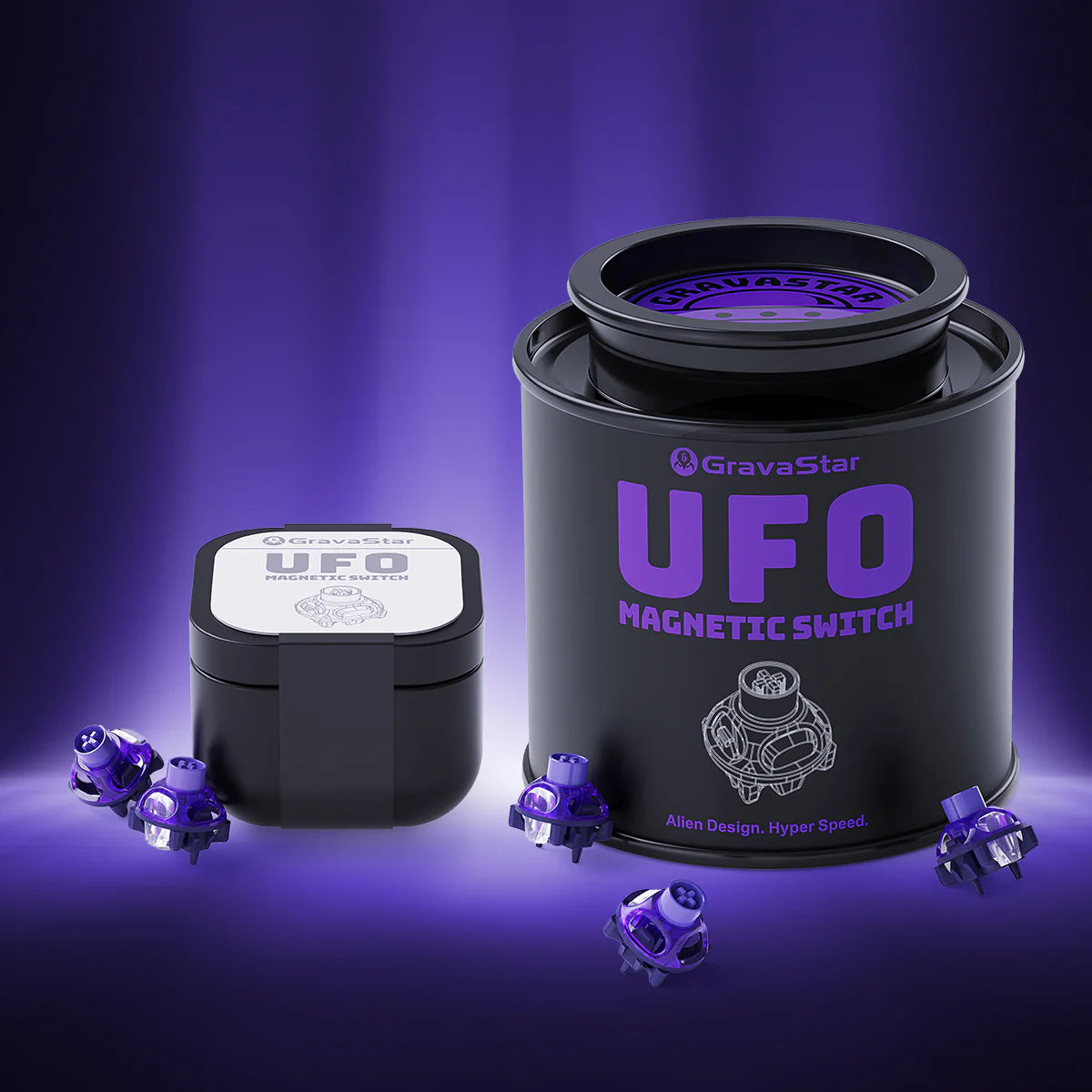 GravaStar UFO Magnetic Switch Purple studio 75pcs tactical jar and box combination view featuring premium black metal storage jar, 10pcs box pack, Hall Effect contactless magnetic technology, and RT 0.005mm precision Rapid Trigger performance, perfect paired with Mercury V75 Pro Cyberpunk magnetic keyboard and Mercury X Pro 8KHz gaming mouse.