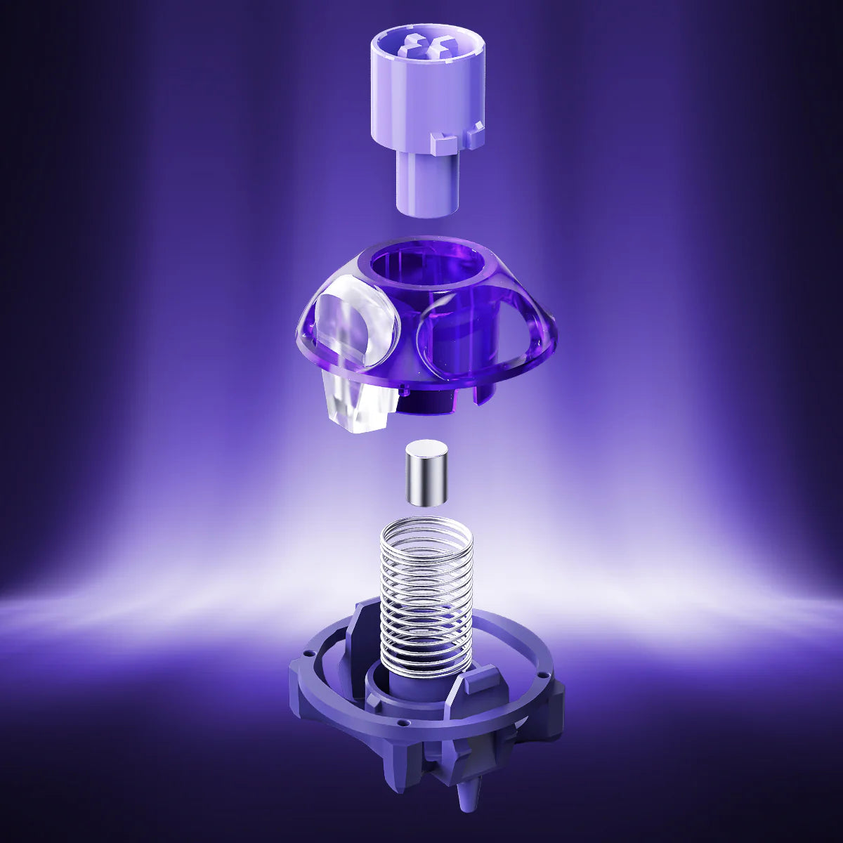 GravaStar UFO Magnetic Switch Purple studio exploded 3D architectural view featuring N52H neodymium magnet, 23mm long spring, 360-degree circular dual-rail mecha frame, and Hall Effect contactless technology, perfect paired with Mercury V75 Pro Cyberpunk magnetic keyboard and Mercury X Pro 8KHz gaming mouse.