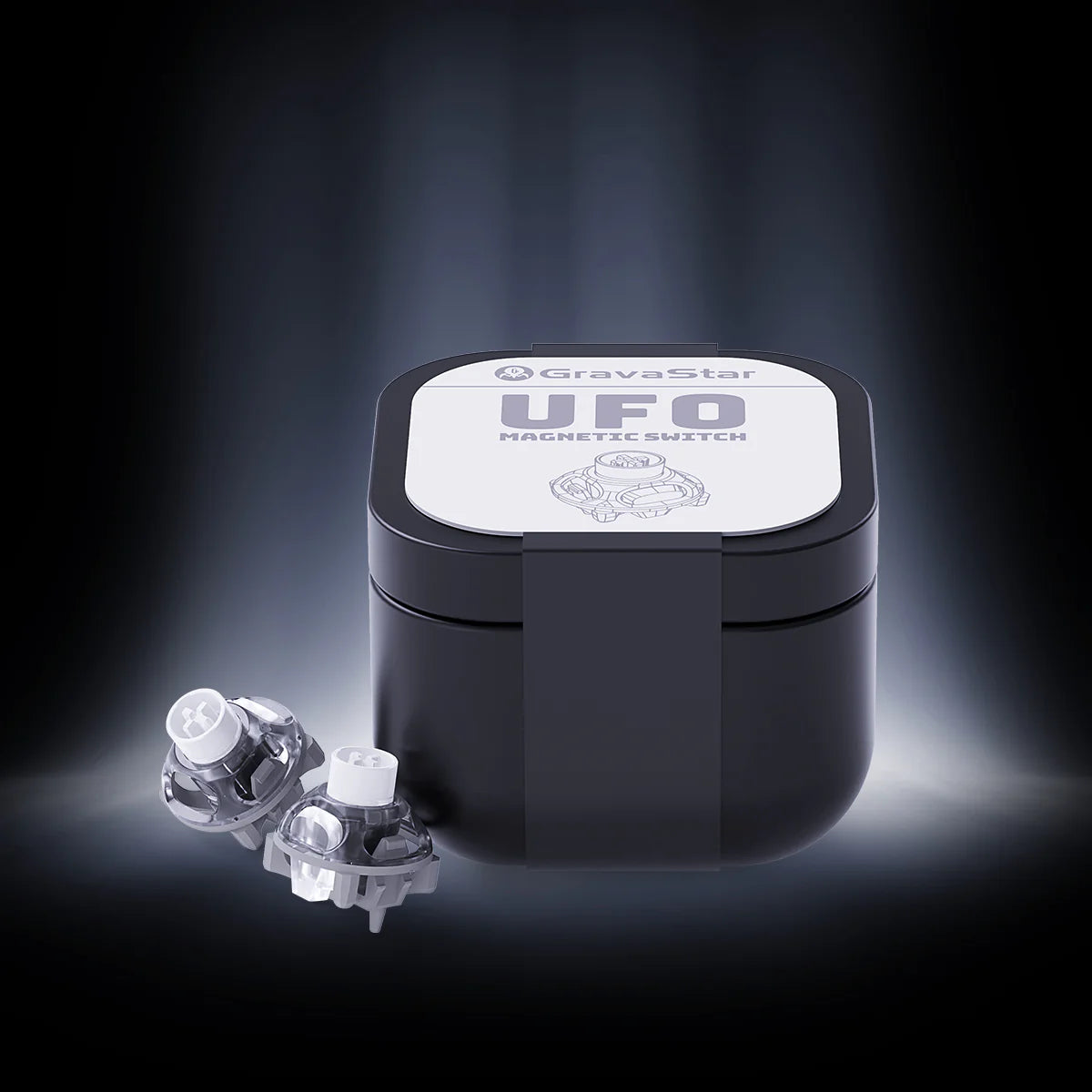GravaStar UFO Magnetic Switch White studio 10pcs tactical box pack view featuring premium windowed storage box, Hall Effect contactless magnetic technology, and RT 0.005mm precision Rapid Trigger performance, perfect paired with Mercury V75 Pro White magnetic keyboard and Mercury M1 Pro Silver Mist gaming mouse.