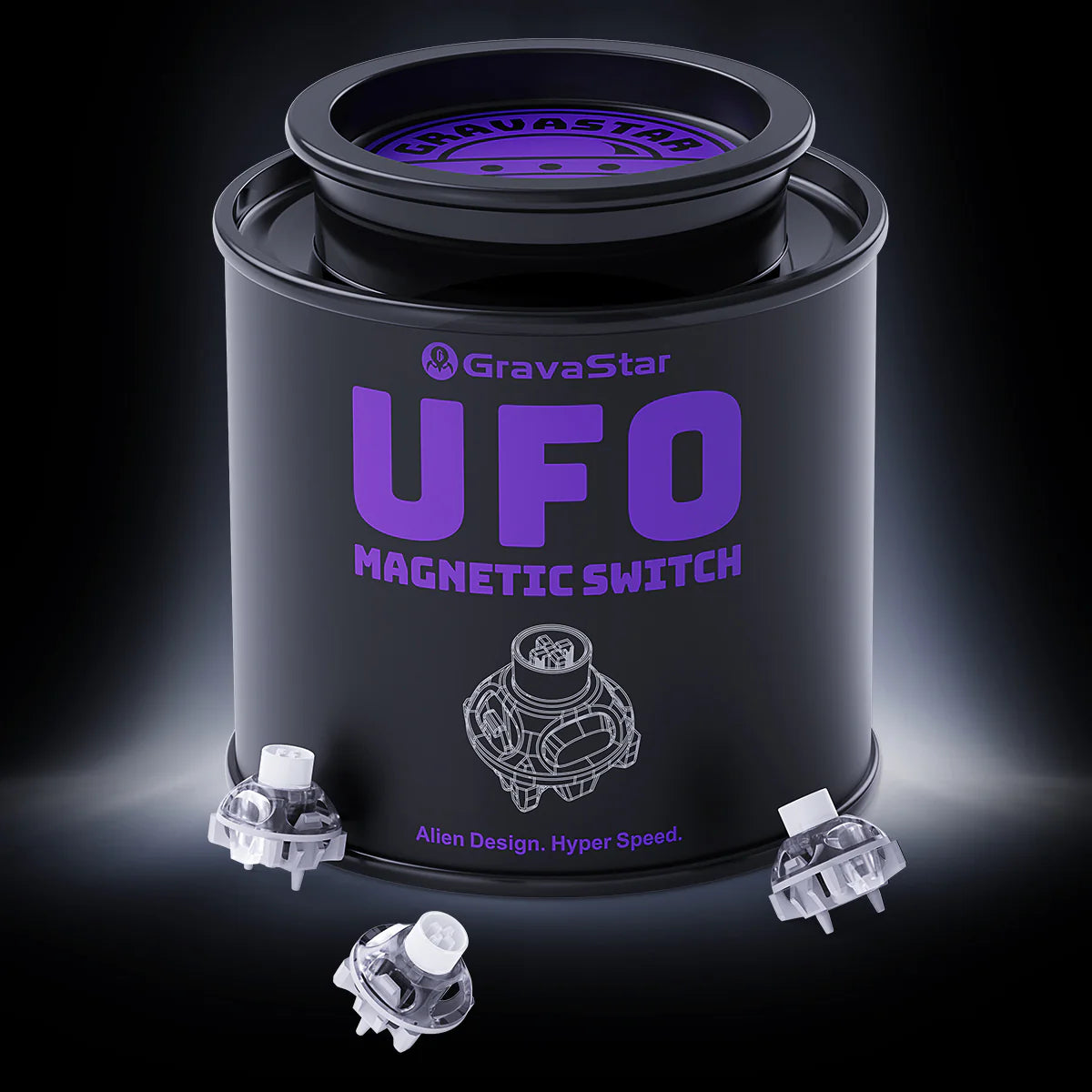 GravaStar UFO Magnetic Switch White studio 65pcs tactical jar pack view featuring premium black metal storage jar, Hall Effect contactless magnetic technology, and RT 0.005mm precision Rapid Trigger performance, perfect paired with Mercury V75 Pro White magnetic keyboard and Mercury M1 Pro Silver Mist gaming mouse.