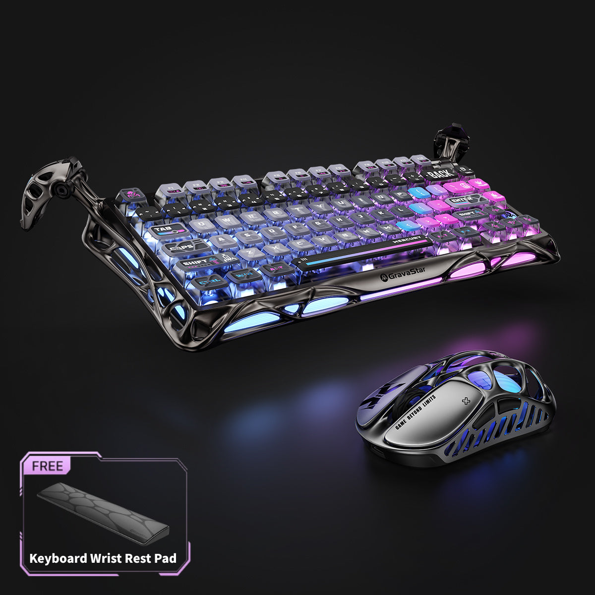 GravaStar Ultimate Gaming Set Cyberpunk studio Interstellar Silver full bundle view featuring Mercury K1 Pro Cyberpunk keyboard with aluminum alloy frame, Mercury X Pro 8KHz magnesium alloy gaming mouse, and free bonus keyboard wrist rest pad, perfect paired with GravaStar Gaming Mouse Pad white deskmat and Mercury M1 Pro Silver Mist mouse.