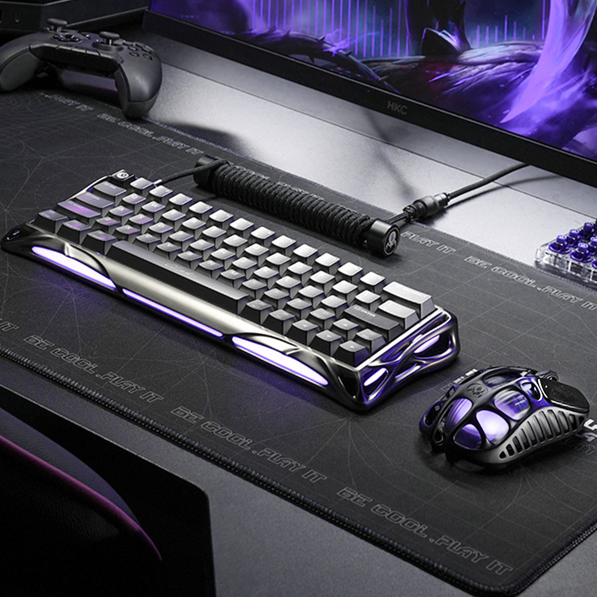 GravaStar V60 Pro & X Pro Gaming Set studio desktop setup perspective view featuring Mercury V60 Pro GunMetal magnetic 60% keyboard connected with Coiled Aviator USB Cable and Mercury X Pro 8KHz magnesium mouse in Galaxy Black on GravaStar Gaming Mouse Pad deskmat.