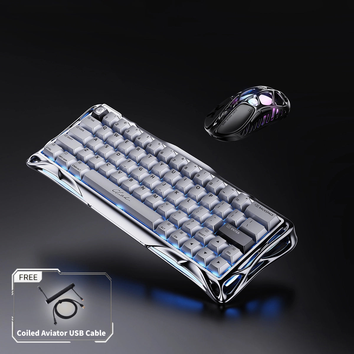 GravaStar V60 Pro & X Pro Gaming Set Mercury X Pro 8KHz wireless gaming mouse top-down view in Galaxy Black, featuring 49g magnesium alloy hollow skeleton, PAW 3950 32K DPI sensor, 8000Hz polling rate, and GlowSync RGB backlighting, perfect paired with Mercury V60 Pro magnetic keyboard and Mars Pro speaker.