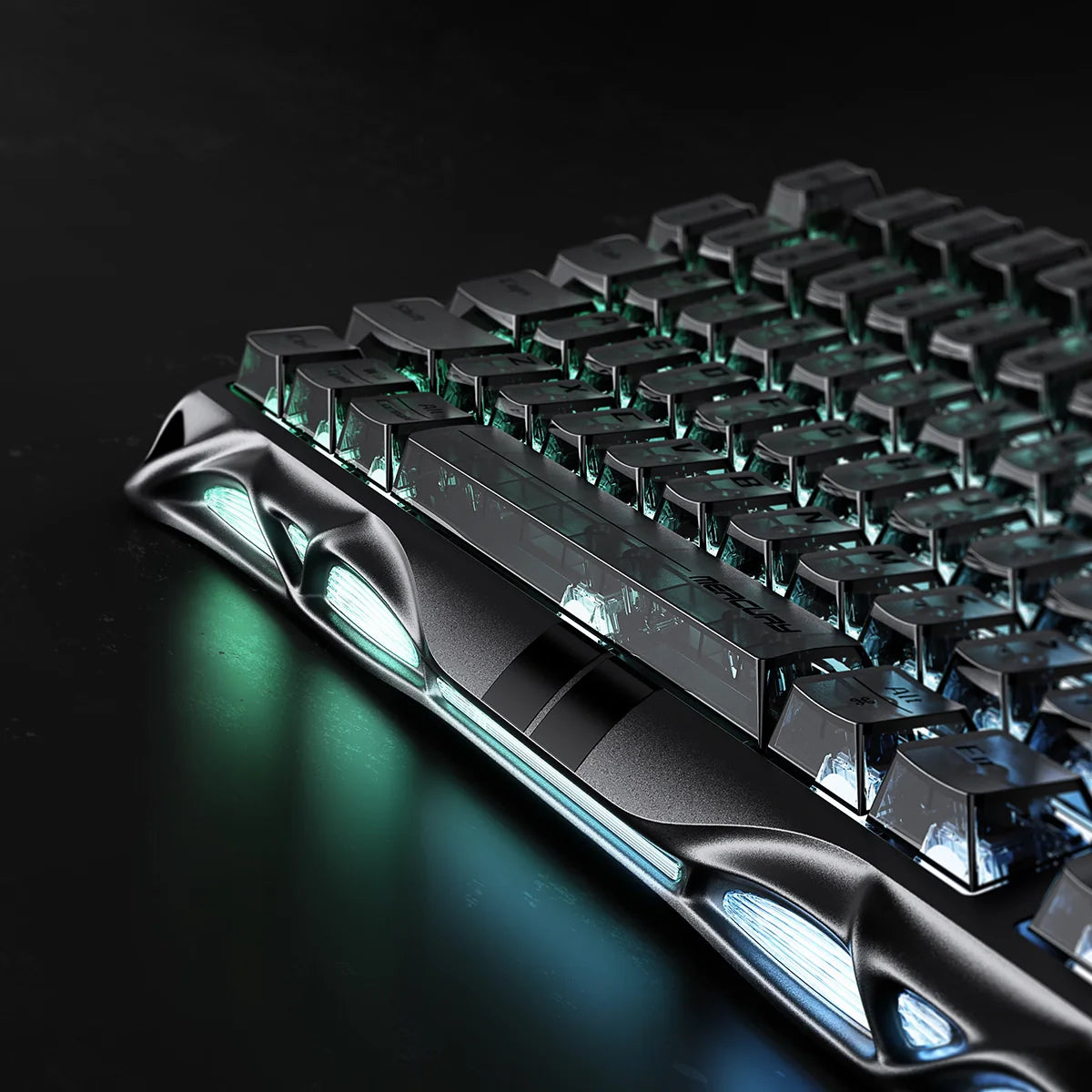 GravaStar Mercury V75 HE Gaming Keyboard - Top edge chassis view displaying the durable semi-aluminum construction and sleek design perfect for esports and FPS gaming setups.