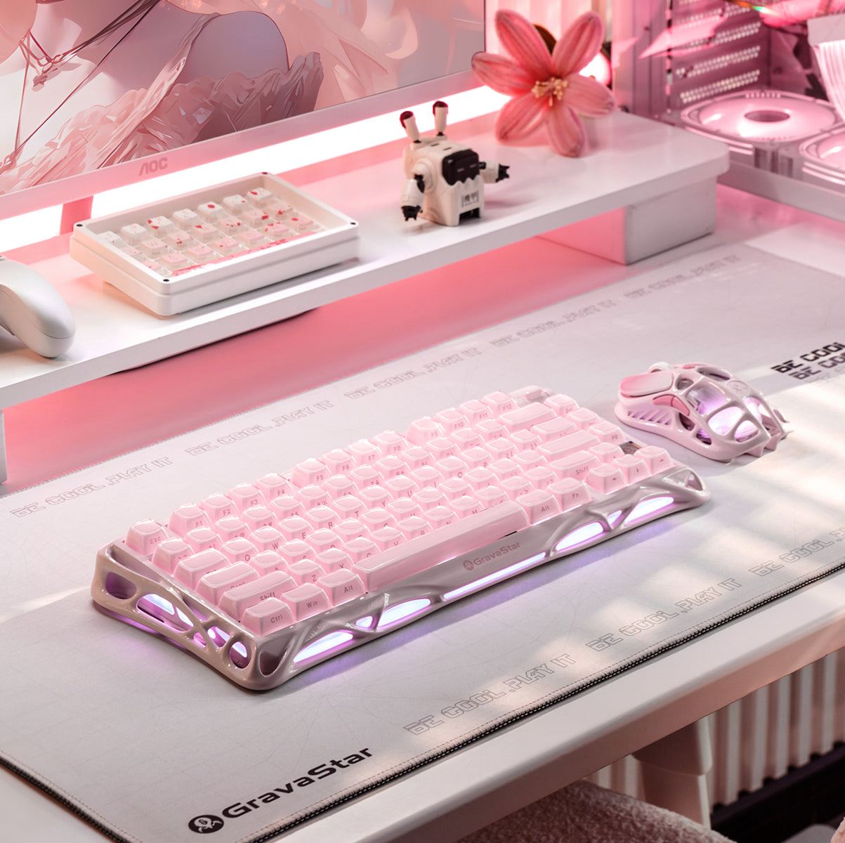 GravaStar Pro Gaming Set Sakura Pink studio bundle overview featuring Mercury K1 Special Edition 75% wireless mechanical keyboard, Mercury M1 Pro 88g magnesium mouse, and Sakura Pink Gaming Mouse Pad, perfect paired with Supernova Pink speaker.