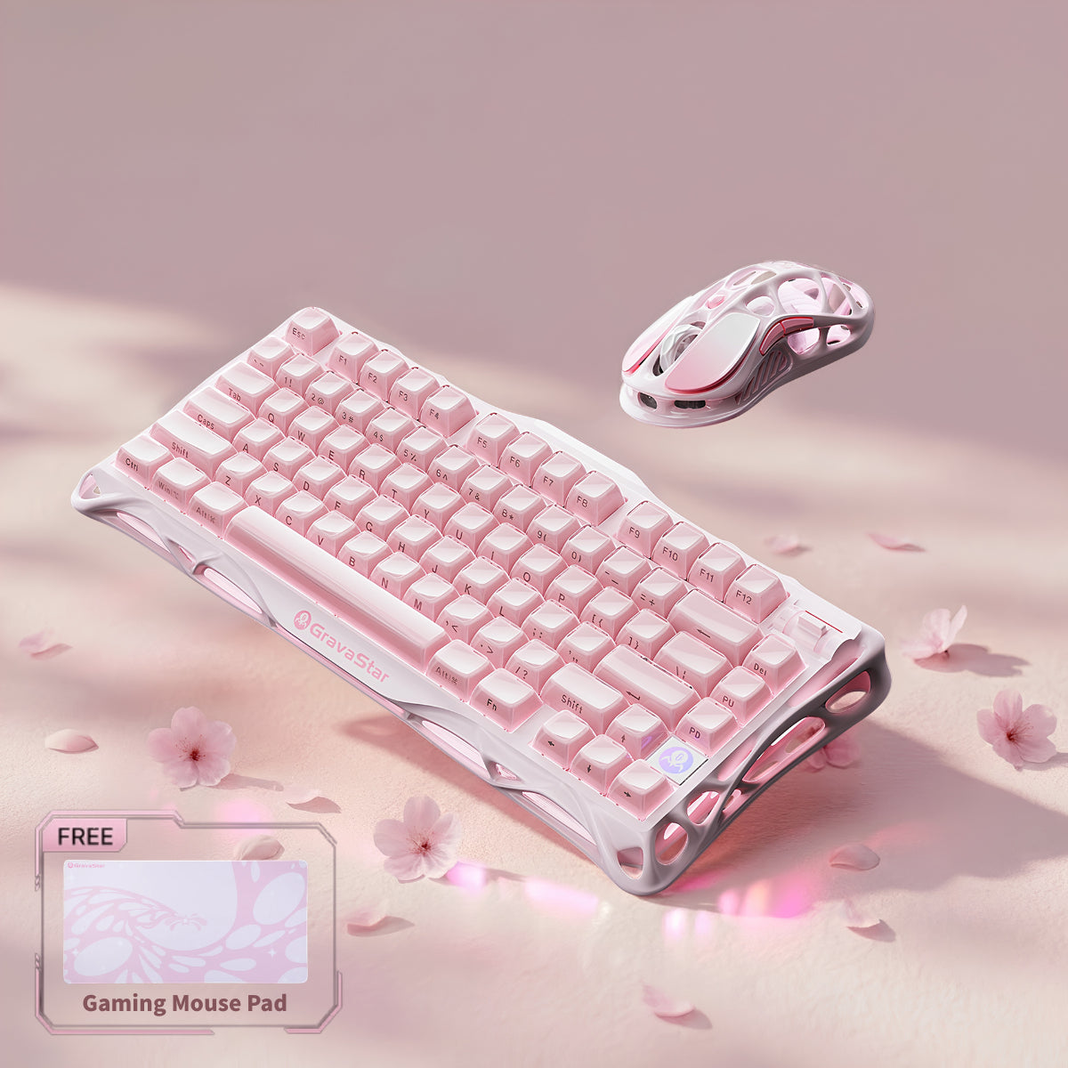 GravaStar Pro Gaming Set Sakura Pink studio bundle overview featuring Mercury K1 Special Edition 75% wireless mechanical keyboard, Mercury M1 Pro 88g magnesium mouse, and Sakura Pink Gaming Mouse Pad, perfect paired with Supernova Pink speaker.