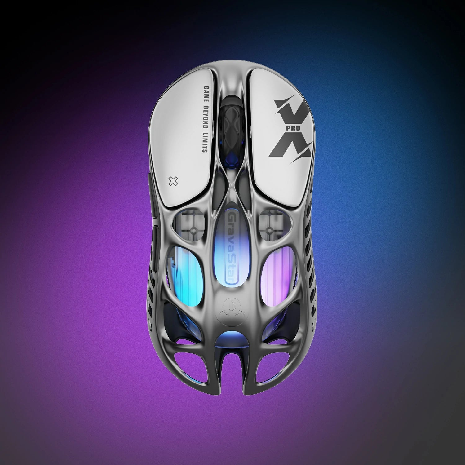 GravaStar 8000Hz Ultra-Fast Hall Effect Gaming Set Stealth Black Mercury X Pro 8KHz wireless gaming mouse top-down skeleton view in Interstellar Silver, featuring 49g magnesium alloy hollow skeleton, PAW 3950 32K DPI sensor, 8000Hz polling rate, and GlowSync RGB backlighting, perfect paired with Mercury V75 HE magnetic keyboard and Mars Pro Black speaker.