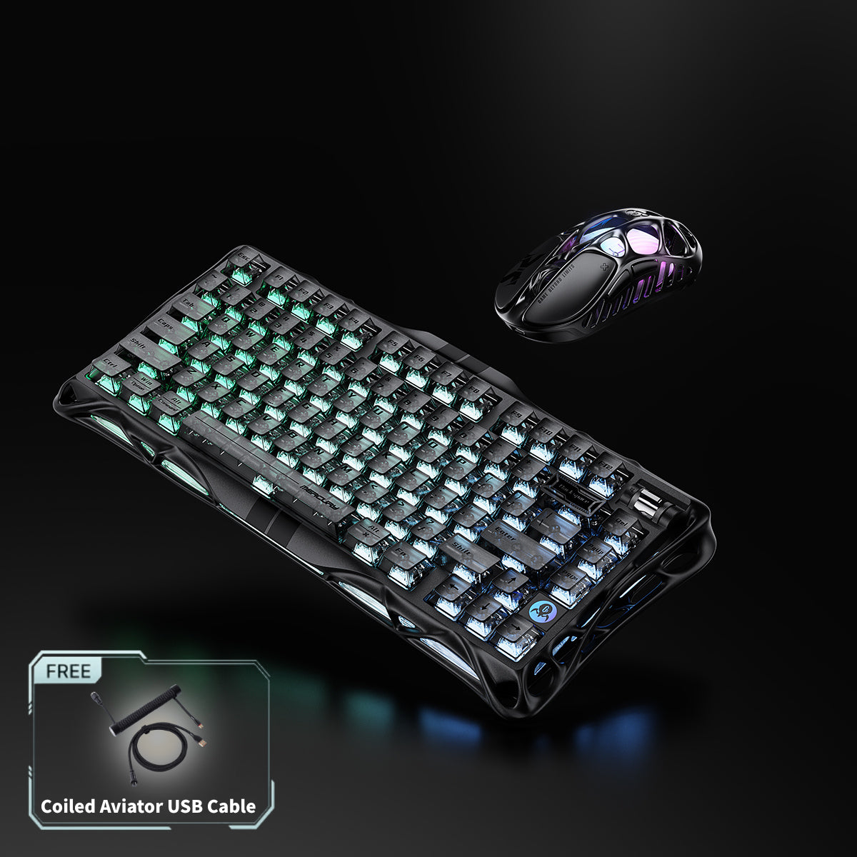 GravaStar 8000Hz Ultra-Fast Hall Effect Gaming Set Stealth Black studio bundle overview featuring Mercury V75 HE magnetic keyboard with Gateron Magnetic Jade Pro switches, Mercury X Pro 8KHz magnesium mouse, and FREE Coiled Aviator USB Cable tag, perfect paired with Mars Pro Black speaker.
