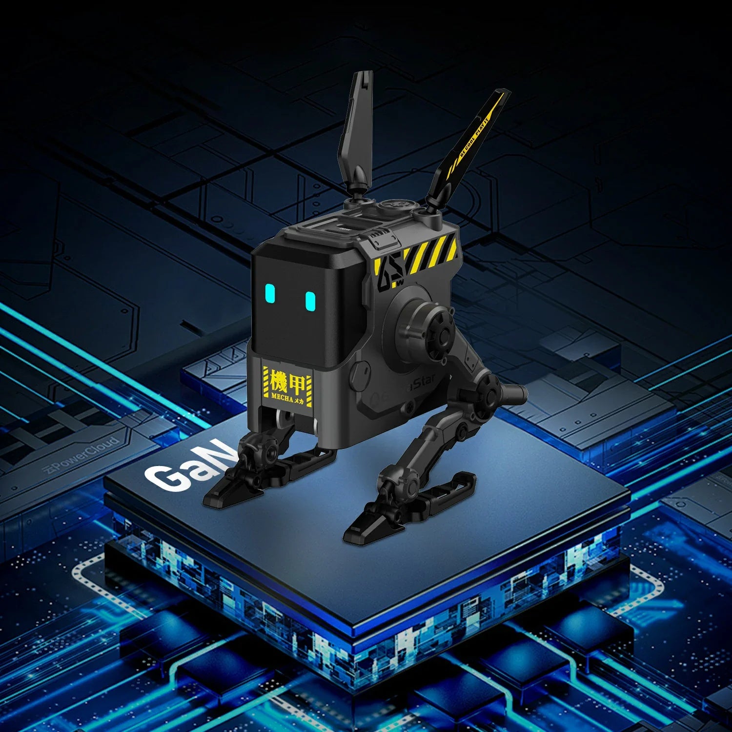 GravaStar Alpha65 GaN 65W Wall Charger Charcoal Gray standing on futuristic GaN circuit board platform showing mecha body, transformable legs, dual antennas, and ice blue RGB eyes.