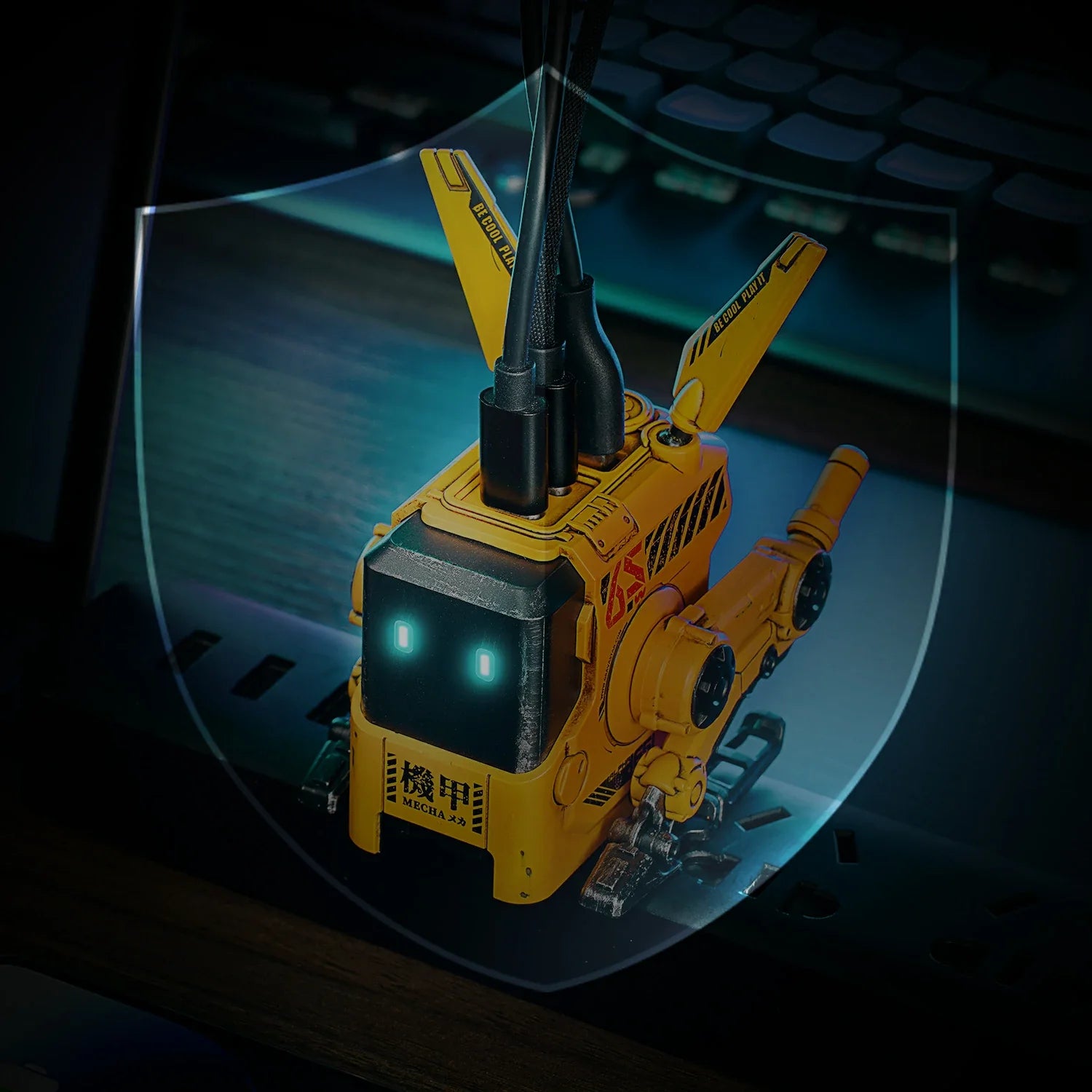 GravaStar Alpha65 GaN 65W Wall Charger War-Damaged Yellow studio view inside futuristic energy shield showing 8-layer built-in protection system and heat-resistant mecha shell.