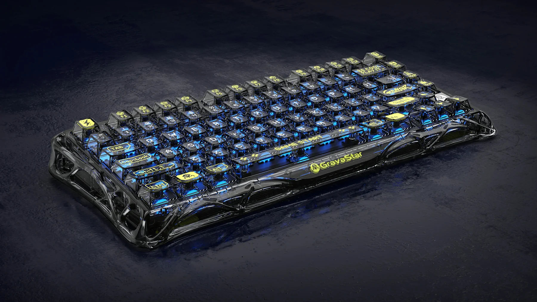 GravaStar Core Flex Gaming Set Transparent Black Mercury K1 Lite 75% wireless mechanical gaming keyboard front angled view showing transparent black PC crystal shell, GravaStar logo, translucent keycaps, and RGB lighting.