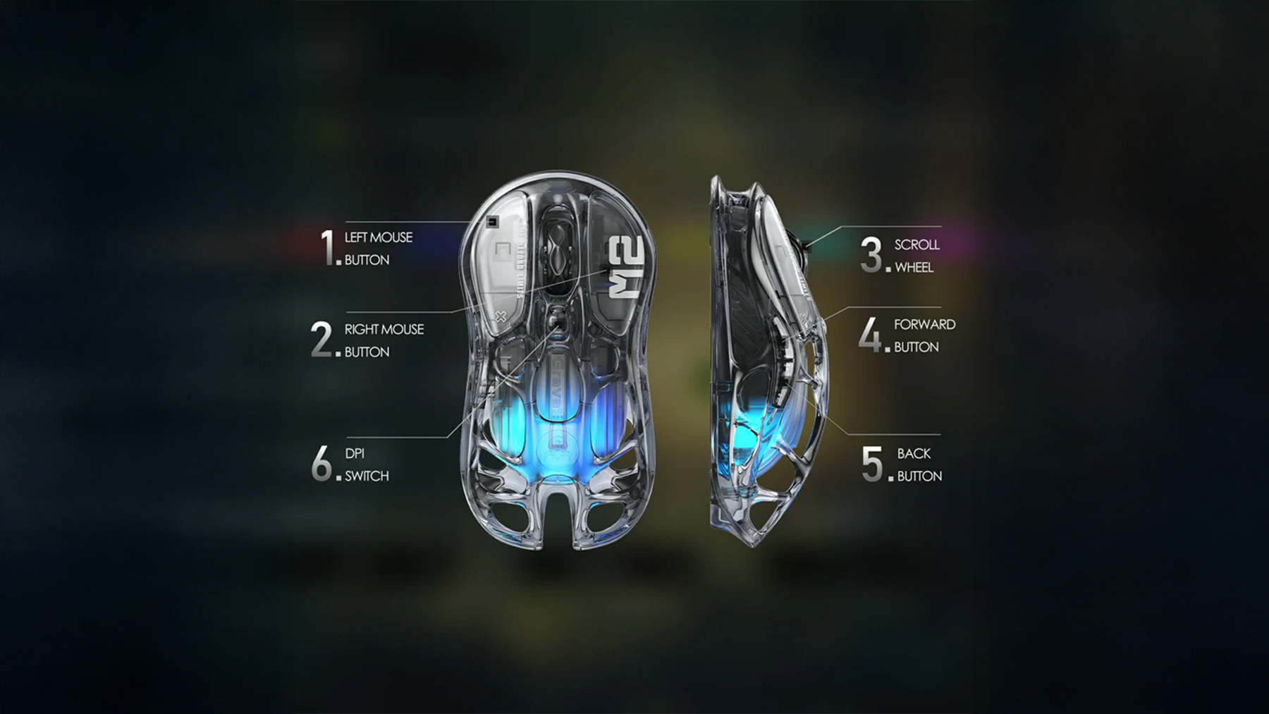 GravaStar Core Flex Gaming Set Transparent Black Mercury M2 gaming mouse bottom view showcasing PTFE feet pads, PAW3395 optical sensor aperture, and transparent black mecha chassis with RGB lighting.