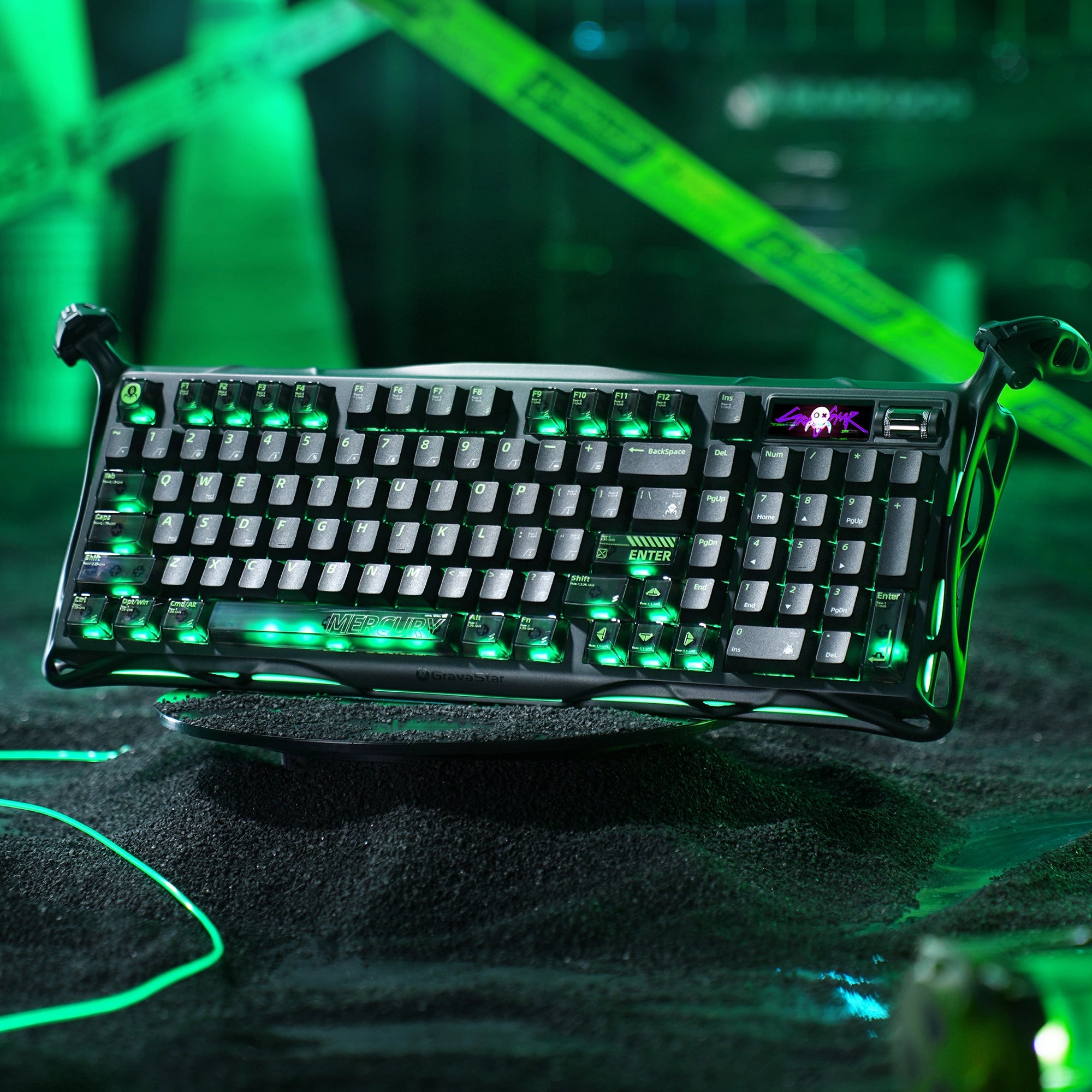 GravaStar K98 Pro and X Pro 8000Hz Gaming Set Mercury K98 Pro 8KHz mechanical gaming keyboard angled view showing glossy aluminum exoskeleton, 1.65" TFT color display, and green RGB lighting.