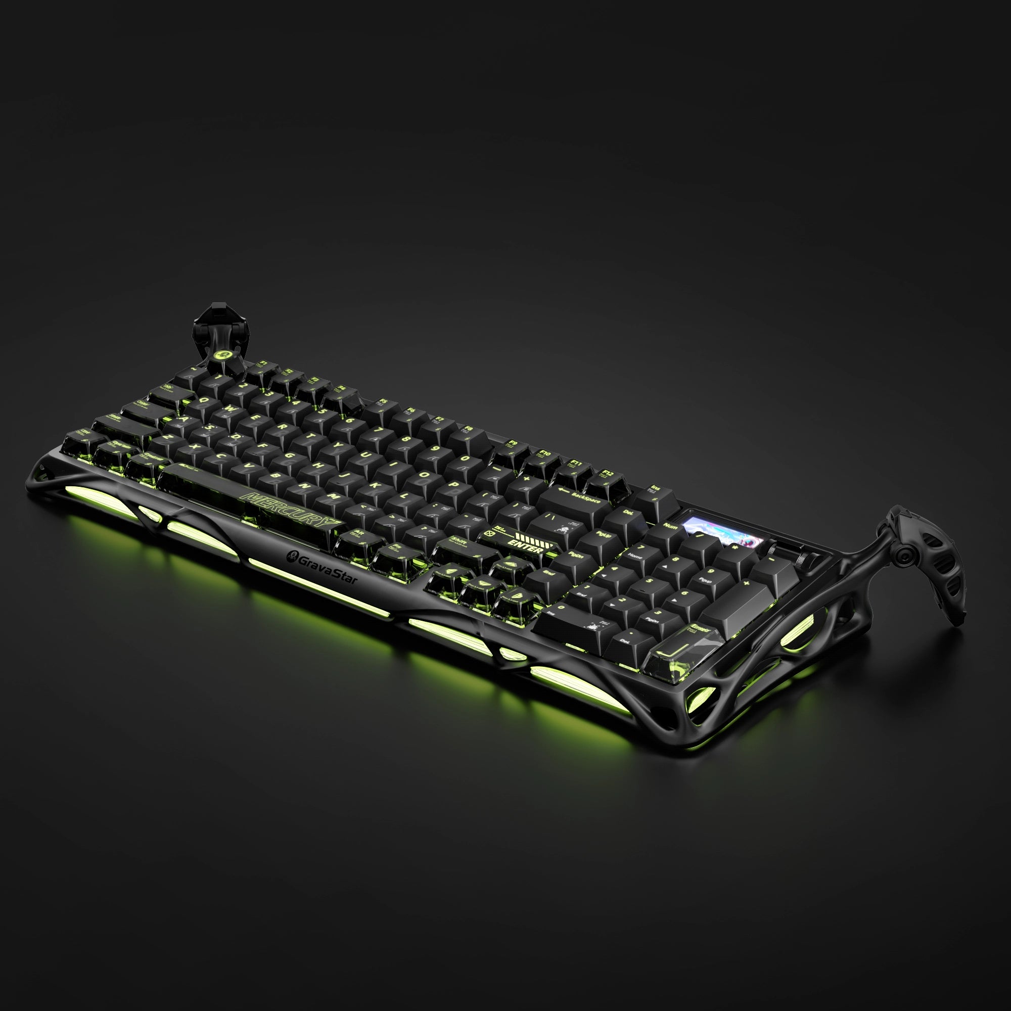 GravaStar K98 Pro and X Pro 8000Hz Gaming Set Mercury K98 Pro 8KHz mechanical gaming keyboard top-angled view featuring glossy aluminum alloy exoskeleton, 1.65" TFT display, and green RGB lighting.